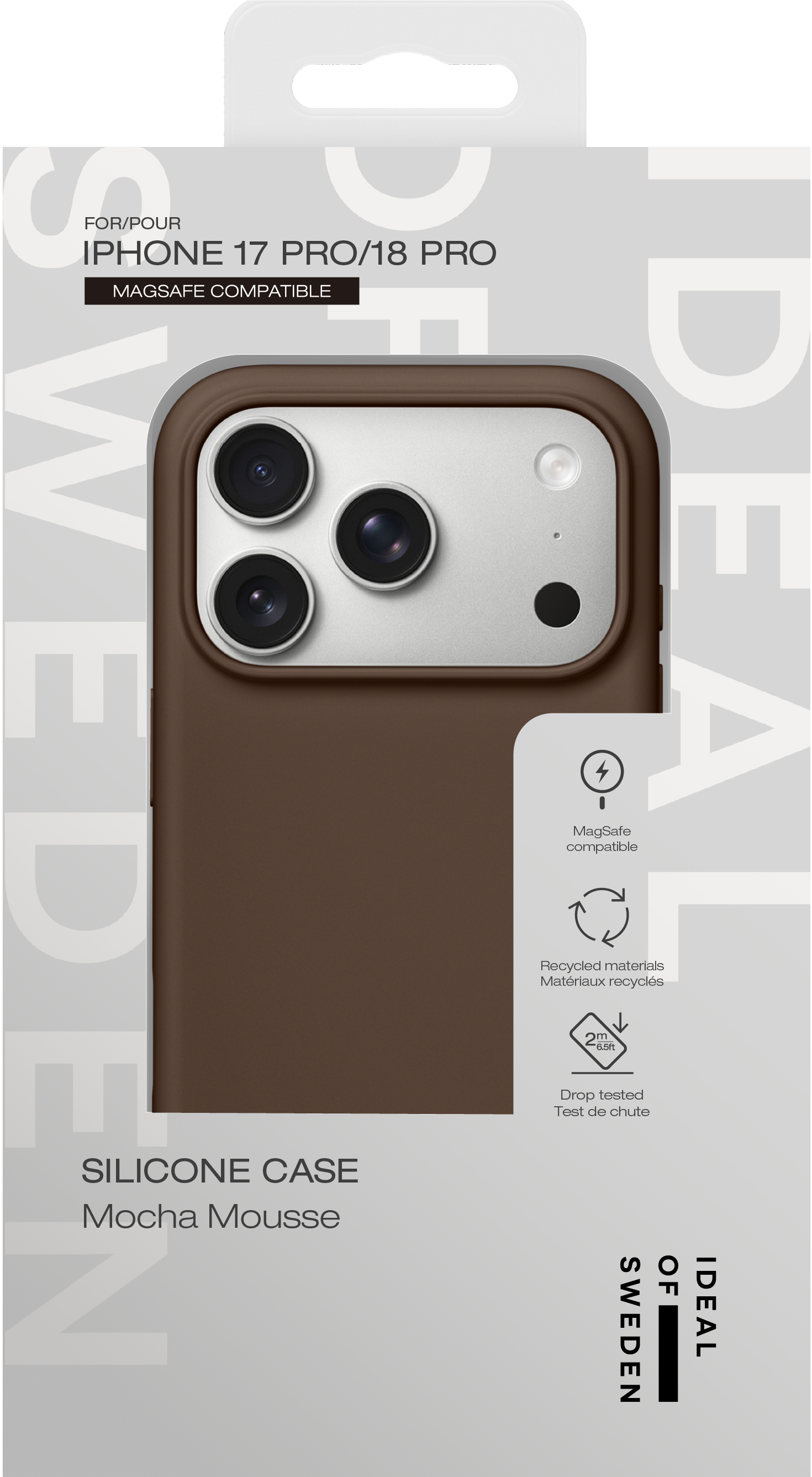 Verpackung einer braunen Mocha Mousse Silikon-Handyhuelle mit MagSafe-Kompatibilitaet.