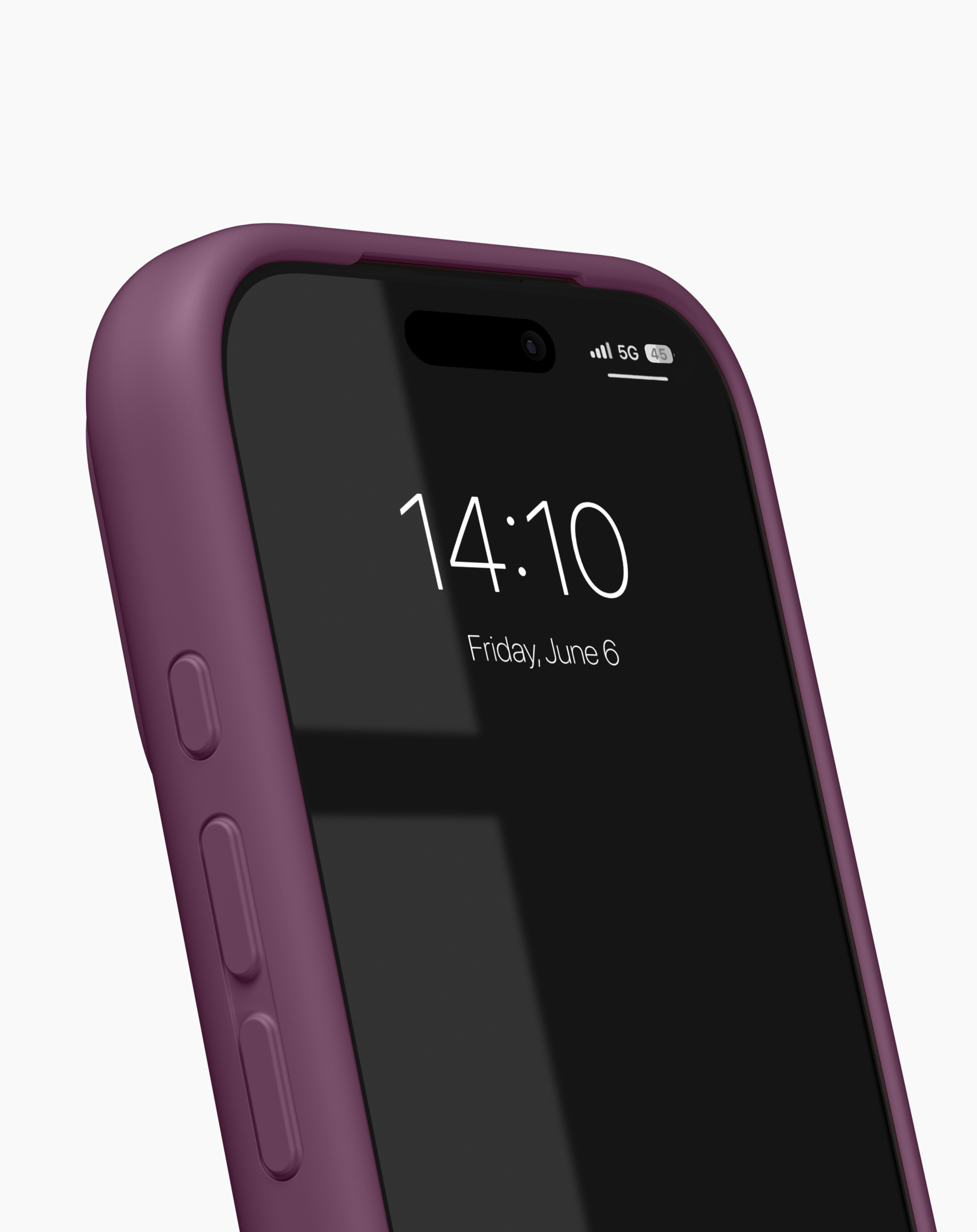 Ein lila Smartphone mit Schutzhülle zeigt das Datum und die Uhrzeit auf dem Bildschirm.