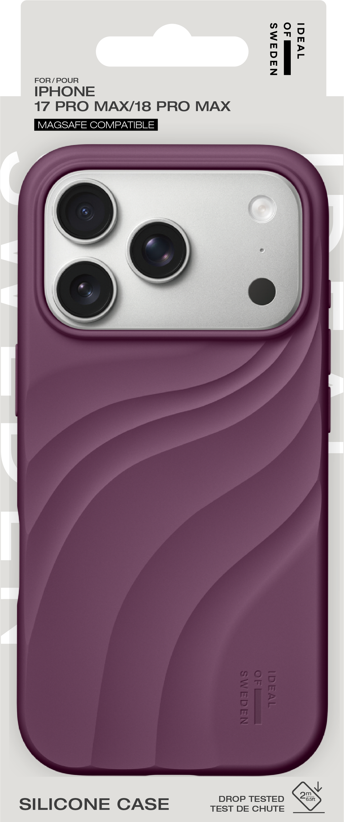 Lila Silikonhülle für iPhone in Verpackung mit geschwungenem Design.