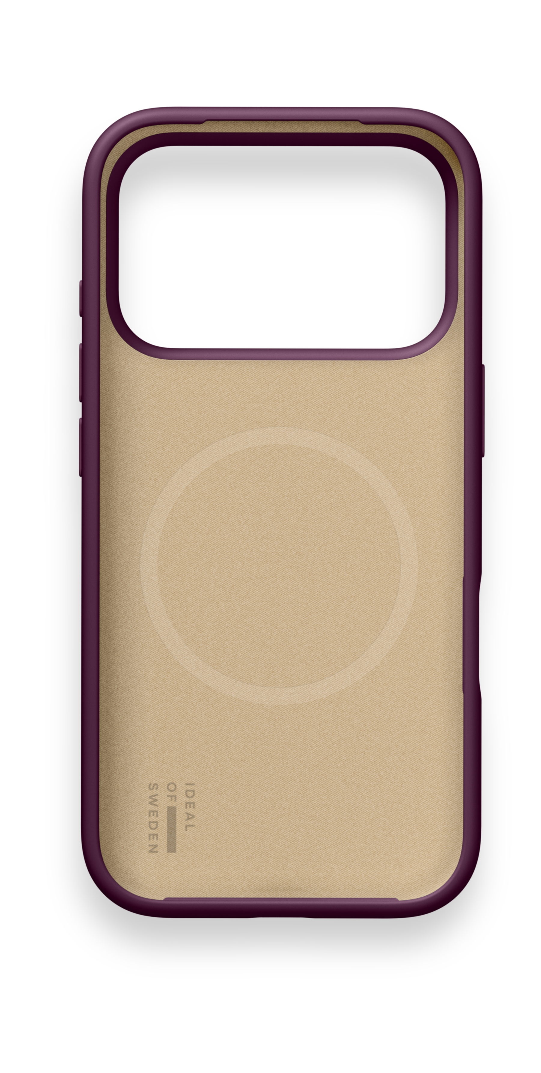 Beige und purpurfarbene Handyhülle mit MagSafe-Ring und Branding.