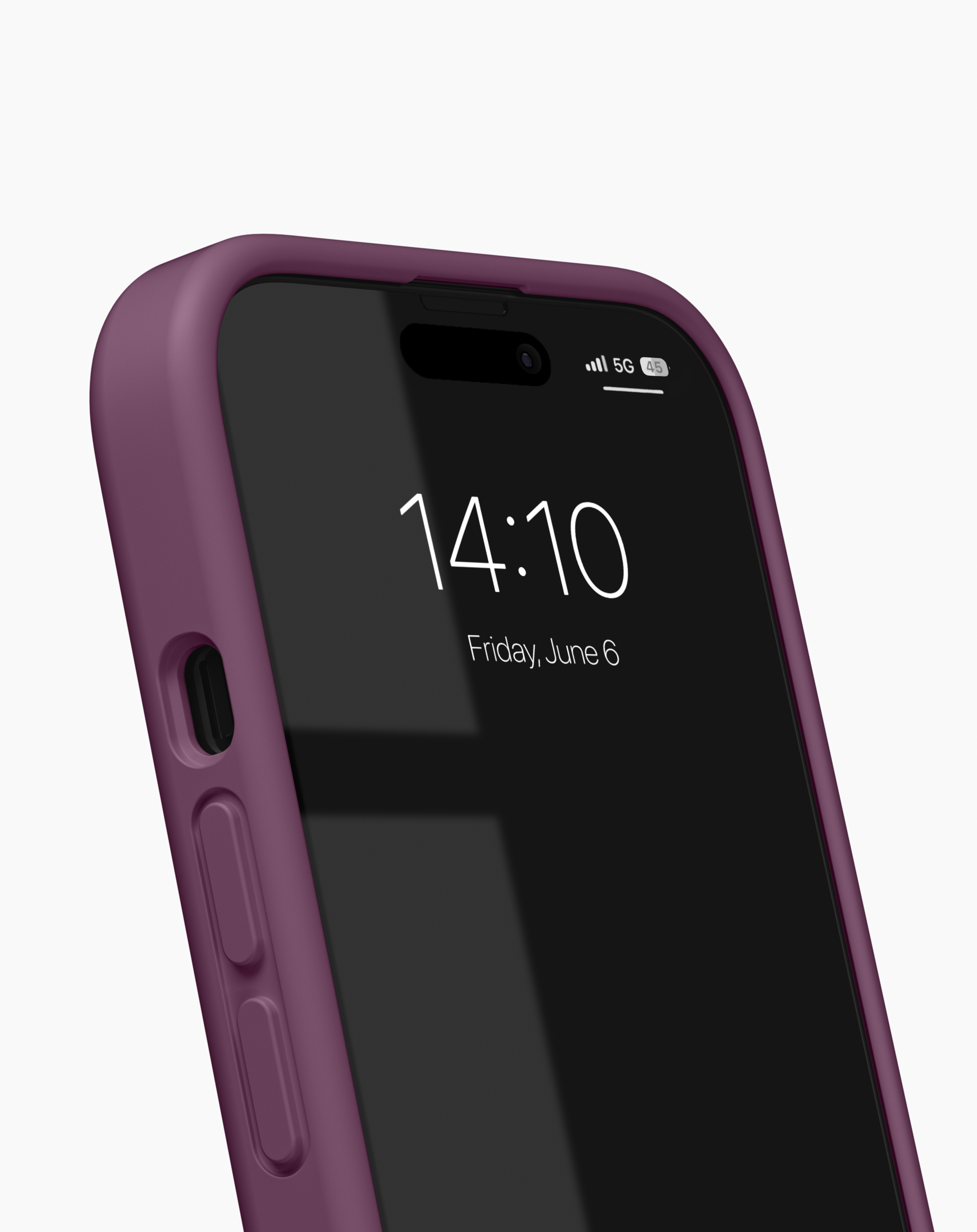 Ein lila Smartphone mit Hülle zeigt das Datum und die Uhrzeit auf dem Bildschirm.