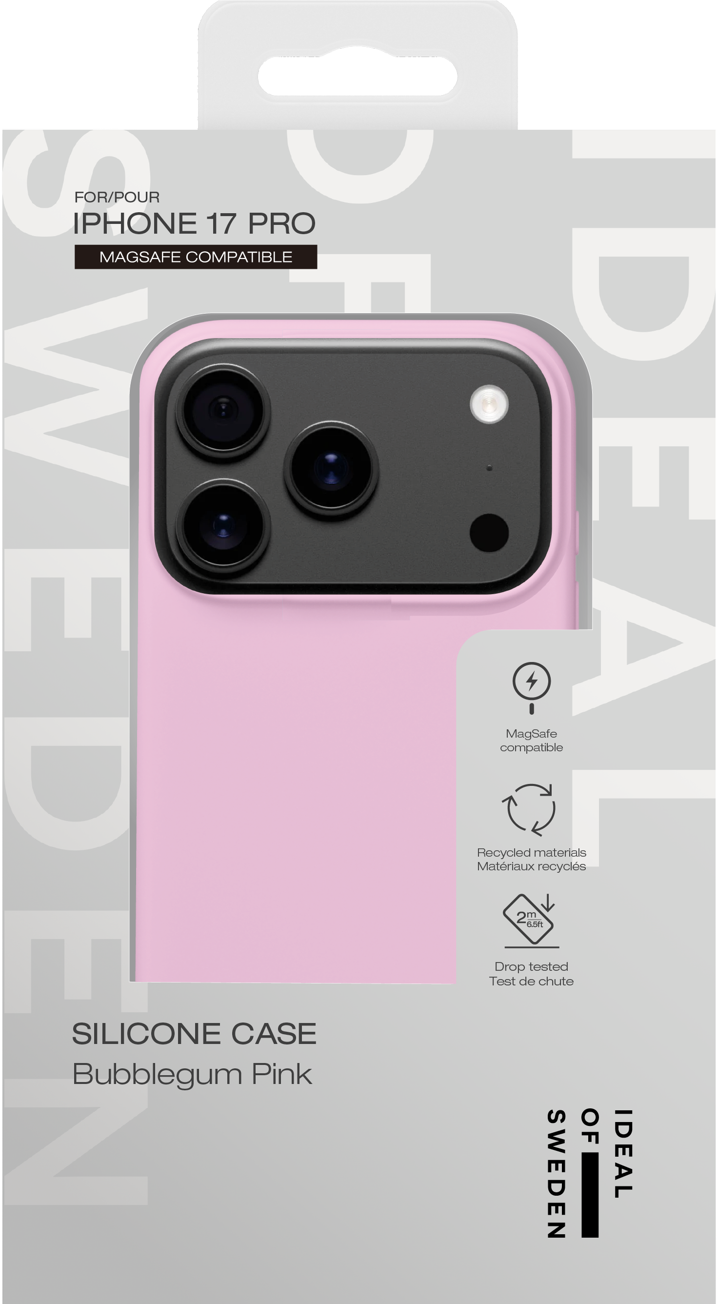 Rosa Silikonhülle für das iPhone 17 Pro in Verpackung mit Text.