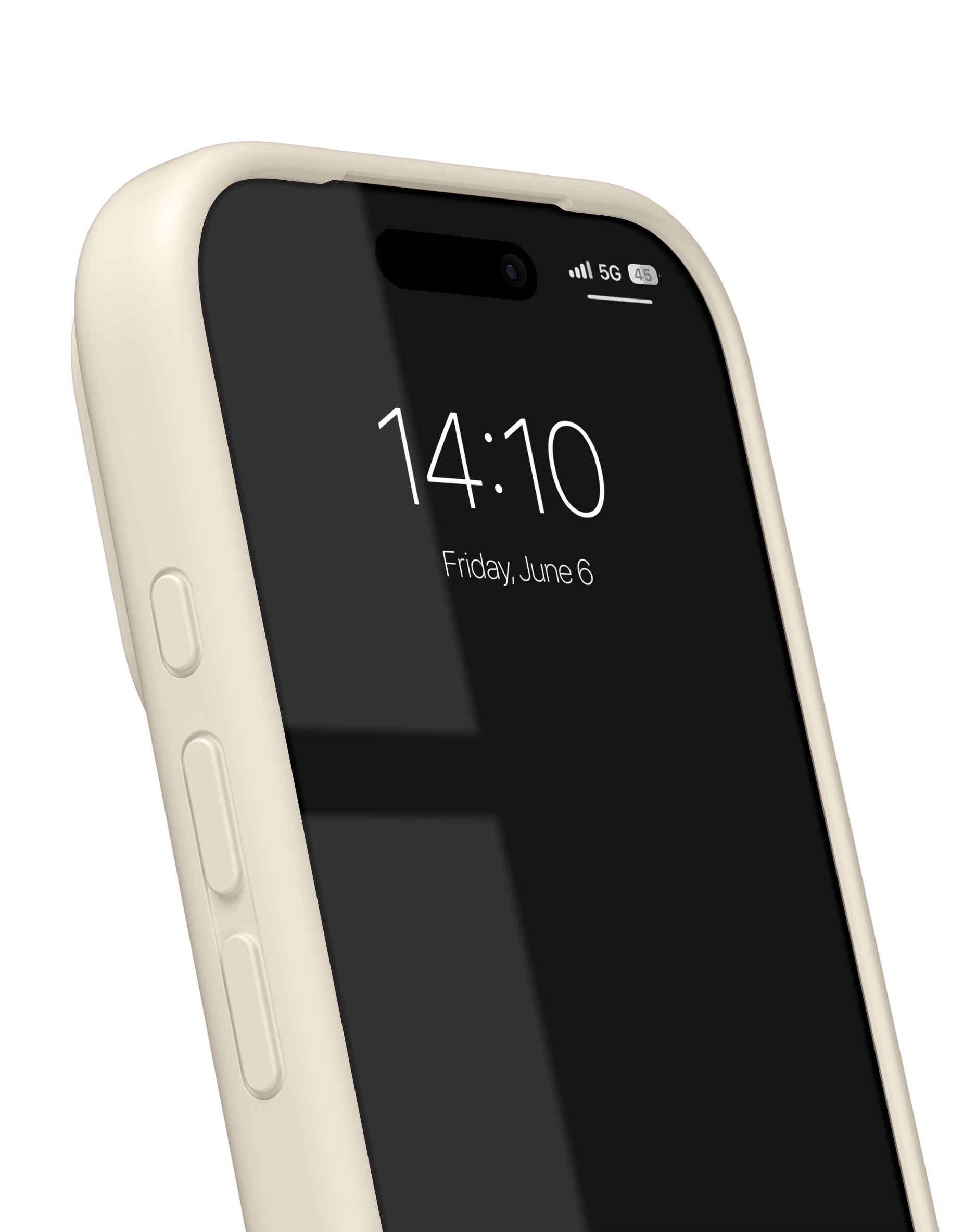 Nahaufnahme eines beigen Smartphones in einer Hülle mit der Anzeige 14:10 Uhr und Freitag, 6. Juni vor schwarzem Hintergrund.