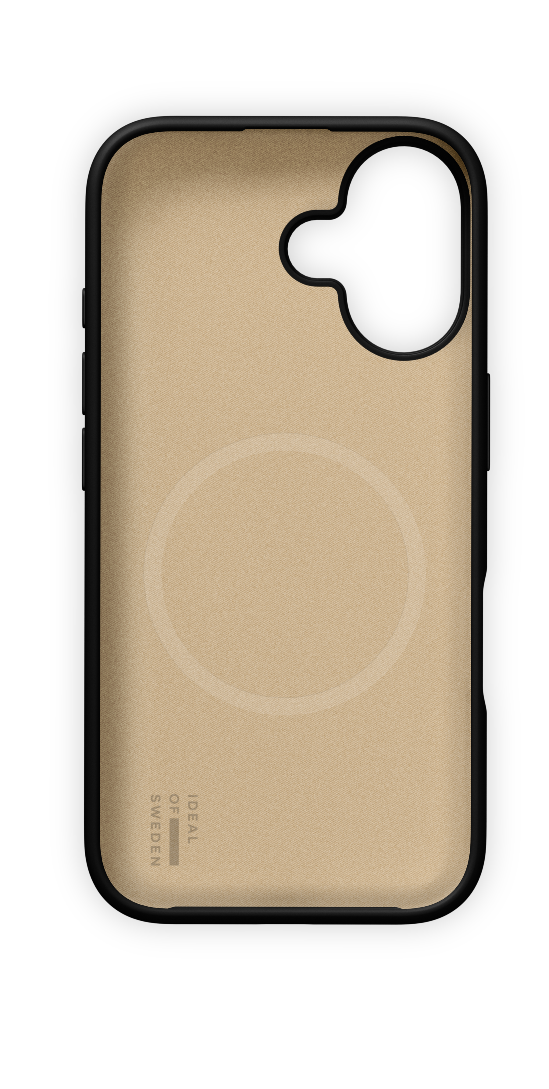 Ein beiger Handy-Inlay mit MagSafe-Kreis und schwarzem Rand zeigt das Logo von Ideal of Sweden.