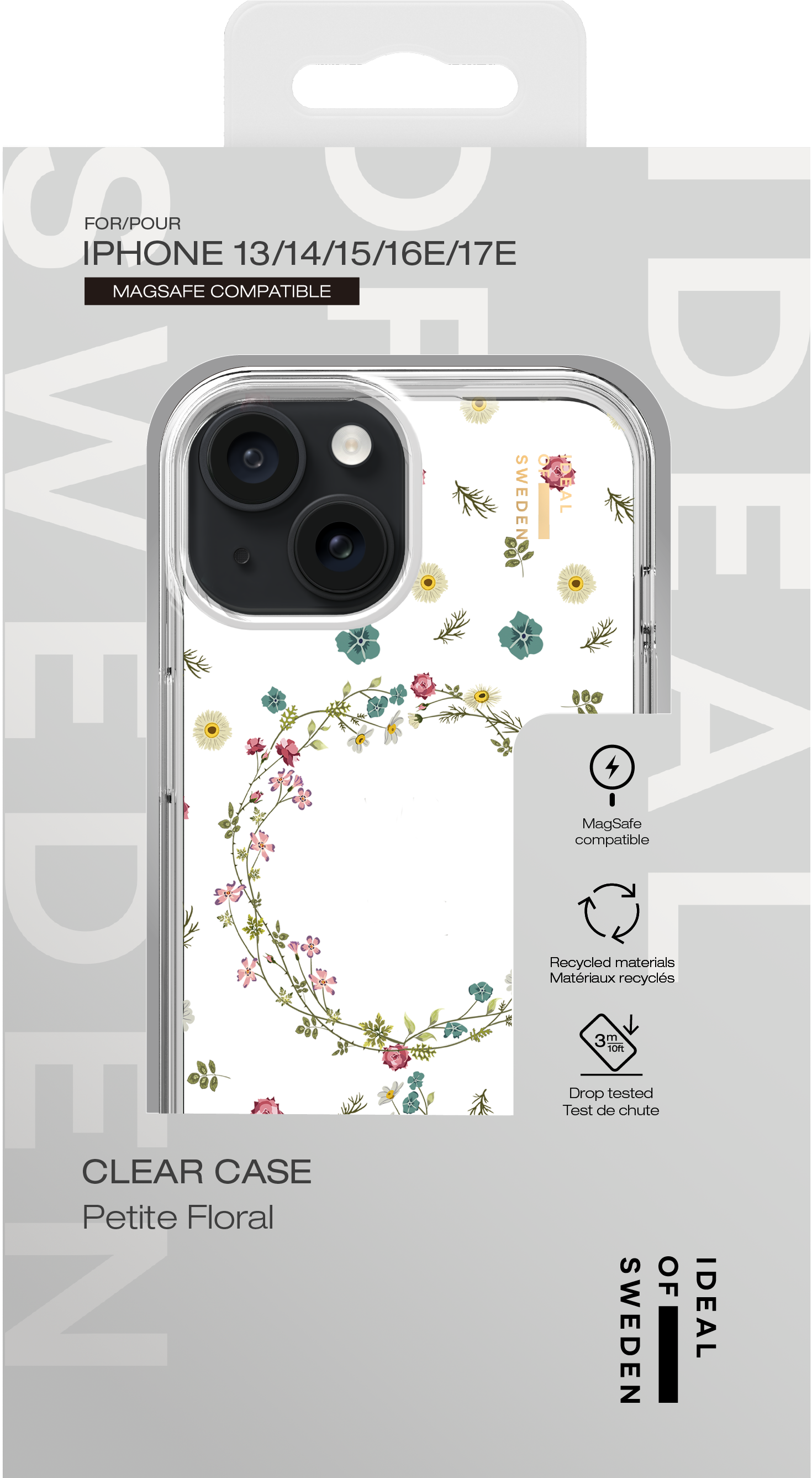 Transparente iPhone Hülle mit zarten Blumen in Verpackung.