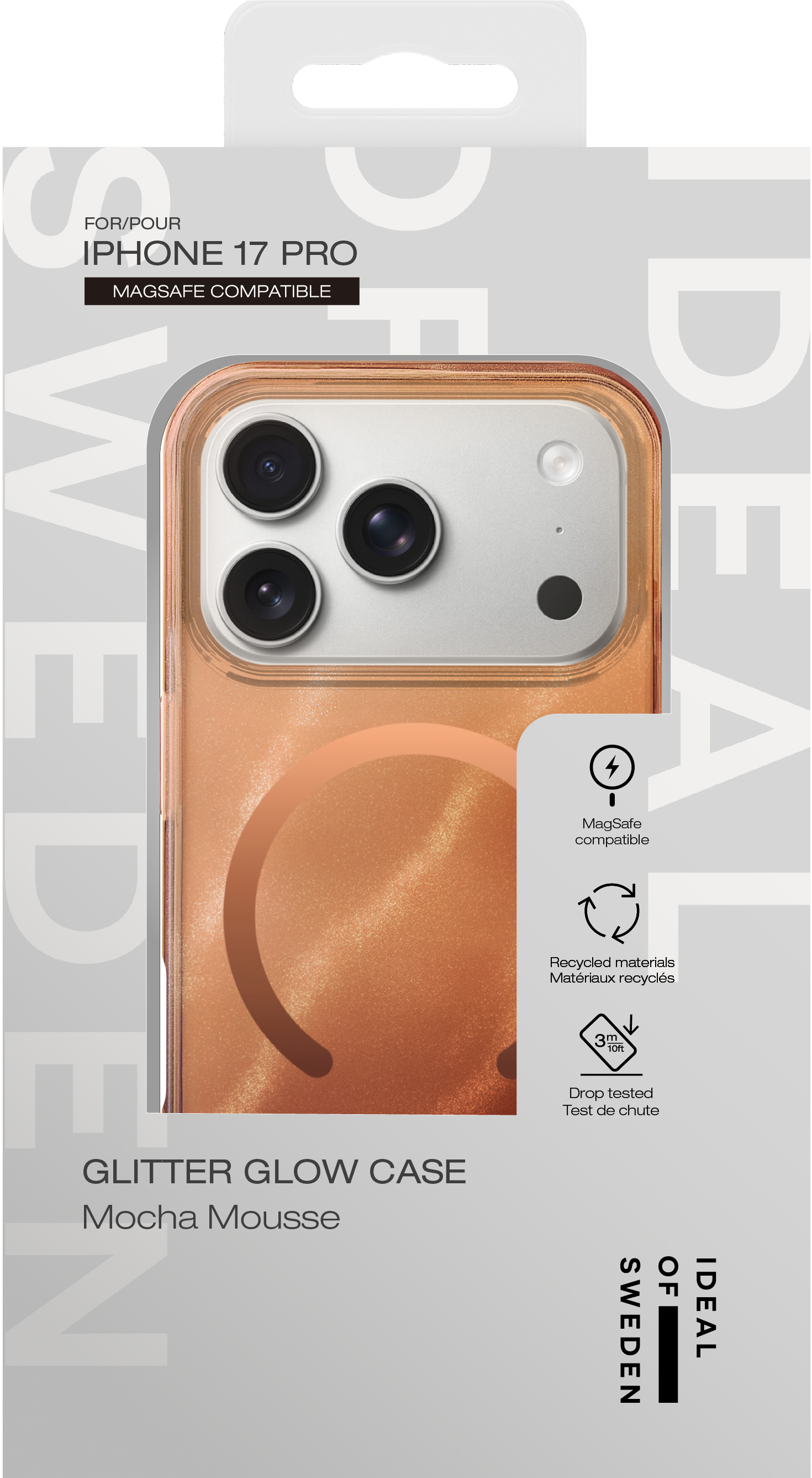 Verpackung einer glitzernden, braunen Magsafe-Handyhülle für iPhone 17 Pro in Mocha Mousse.
