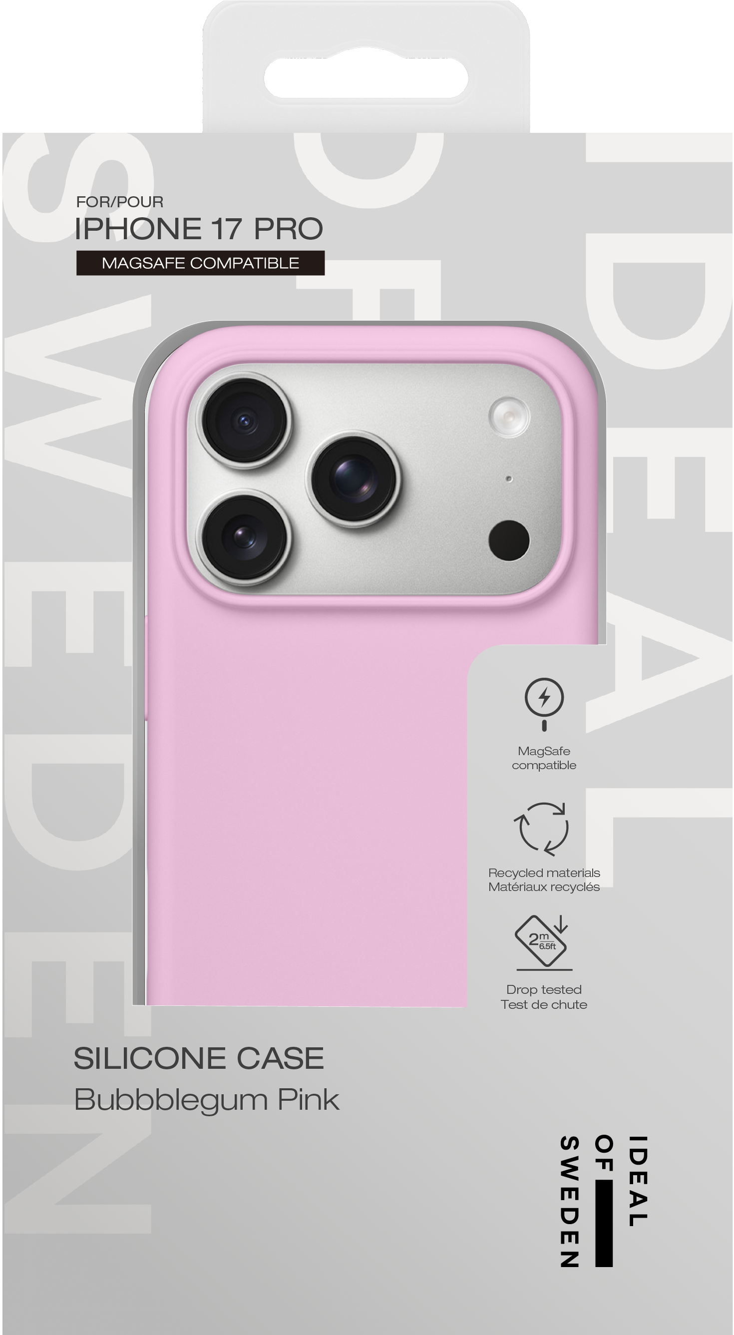 Rosa Silikonhülle für das iPhone 17 Pro in weißer Verpackung.