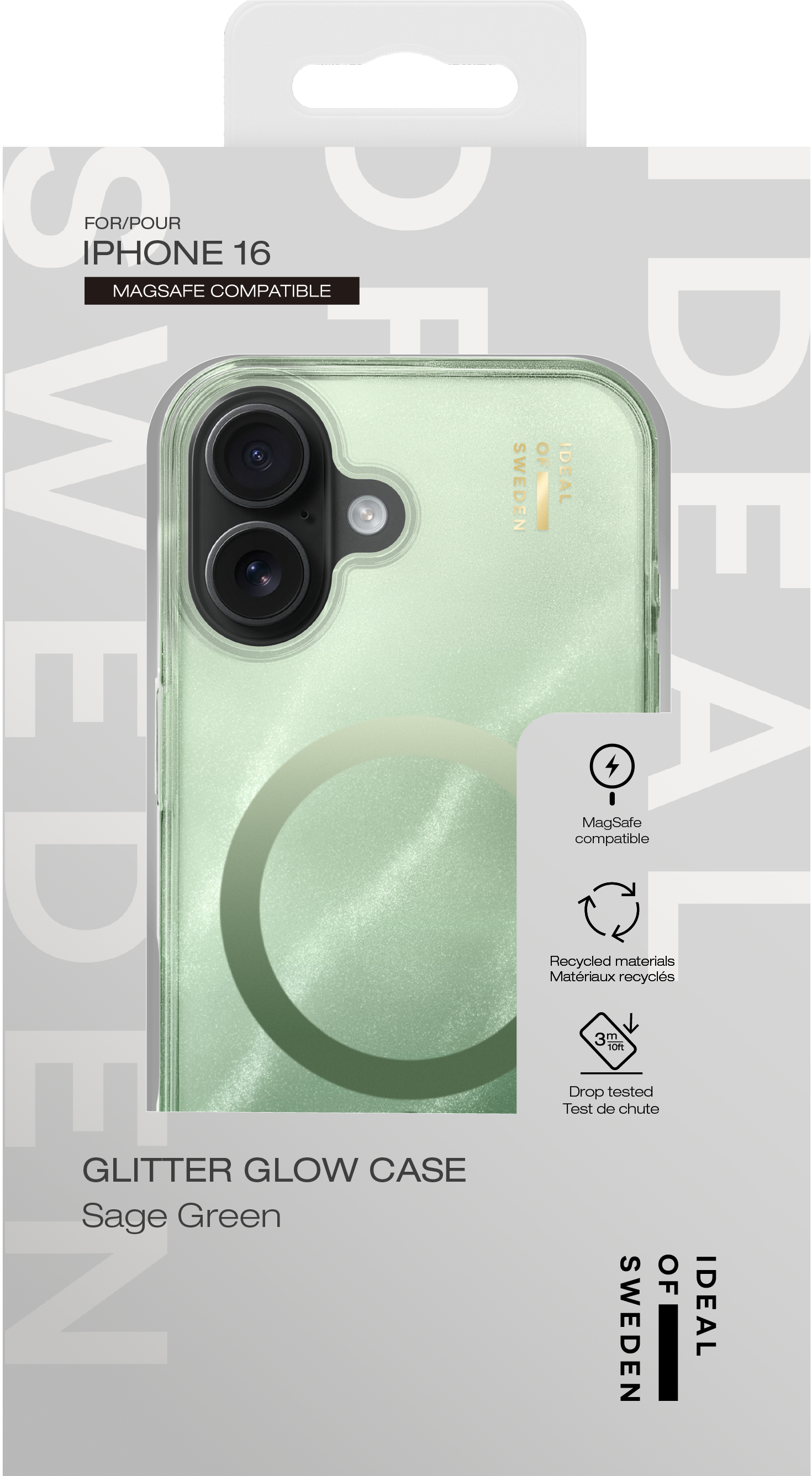 Eine salbeigrüne Glitzer-Handyhülle für das iPhone 16 in weißer Verpackung mit aufgeführten Eigenschaften.