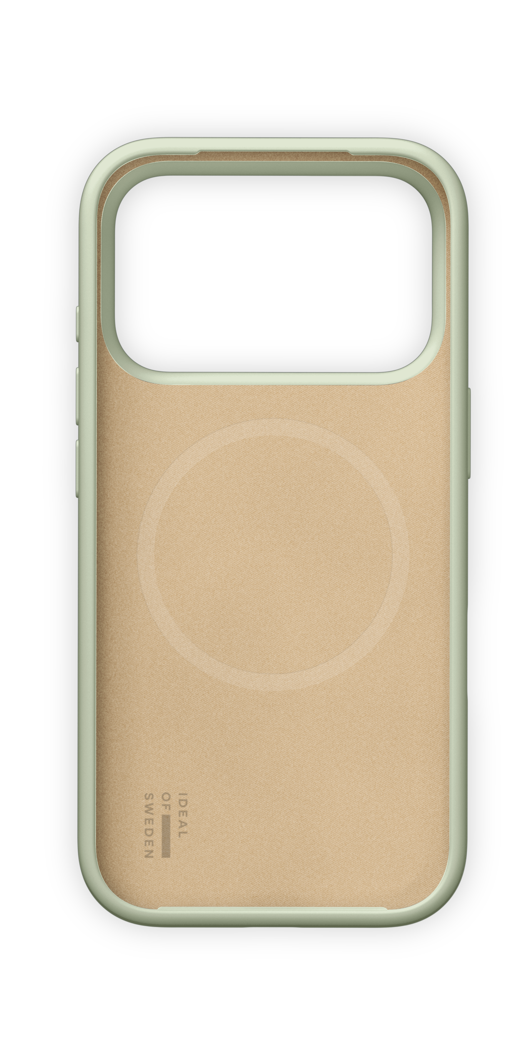 Eine hellgrüne Smartphone-Hülle mit beiger Innenseite und MagSafe-Kreis auf schwarzem Hintergrund.