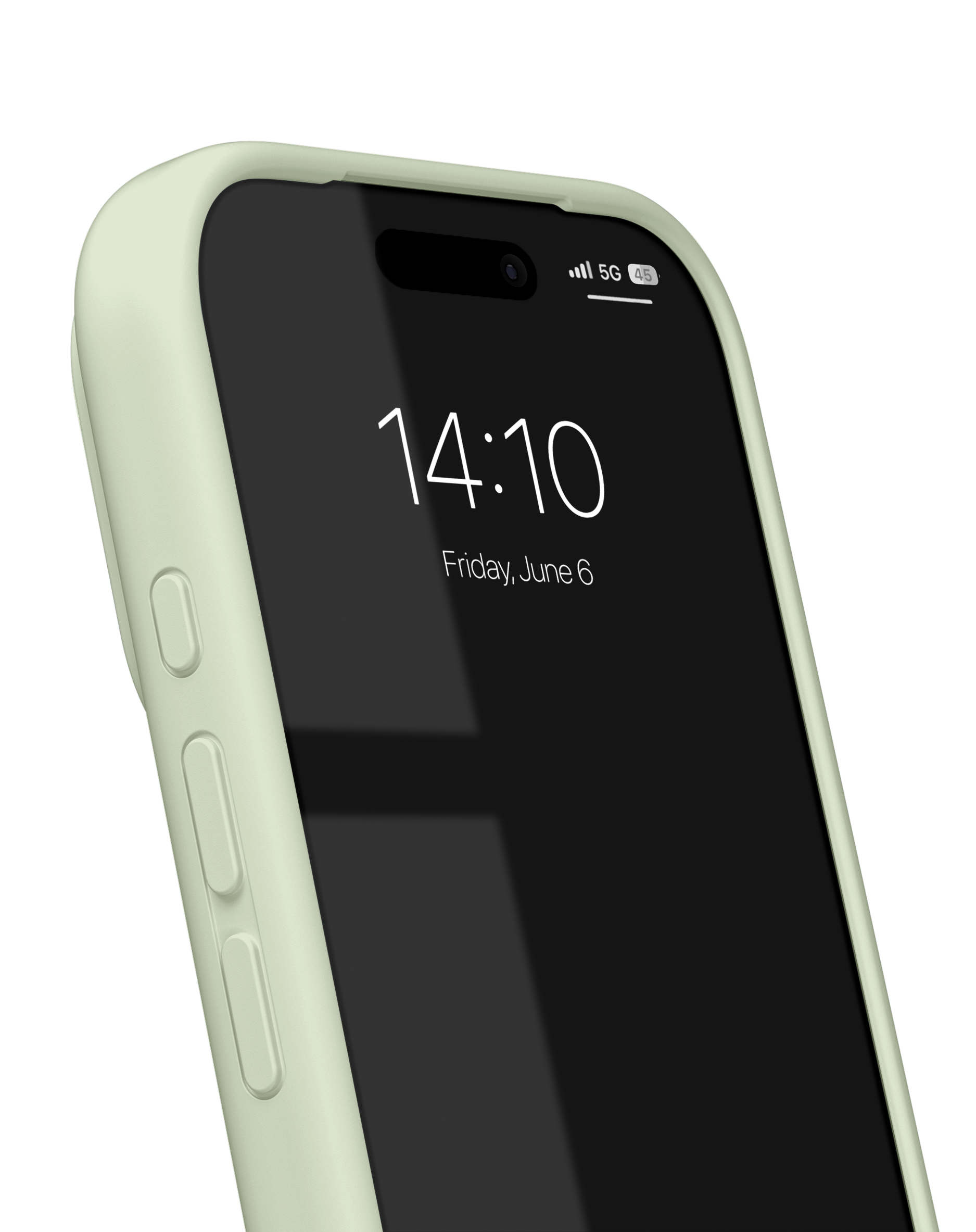 Ein hellgrünes Smartphone in einer Hülle zeigt die Uhrzeit 14:10 und Freitag, 6. Juni auf dem schwarzen Bildschirm.