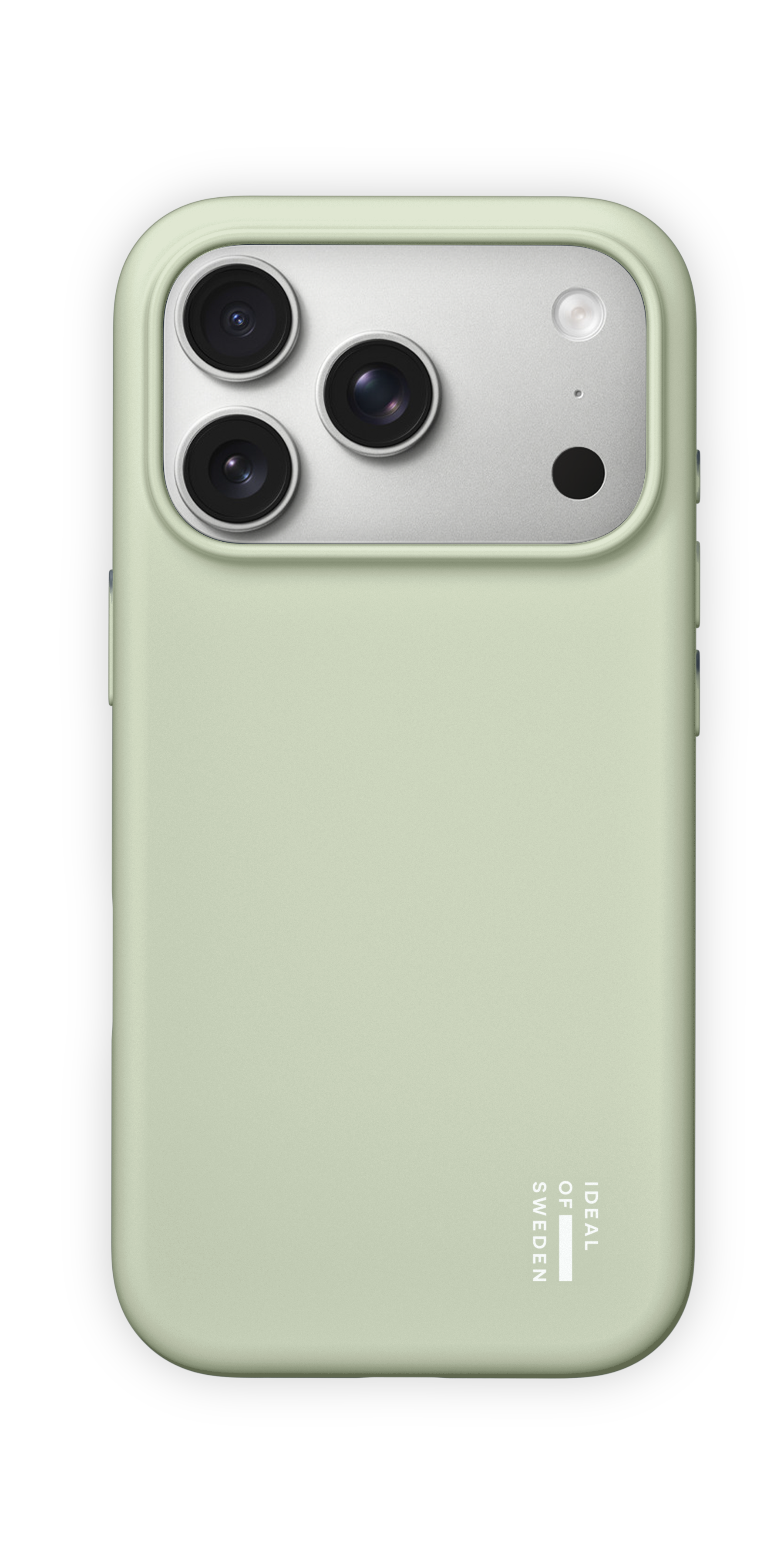 Eine hellgrüne Smartphone-Hülle mit silbernem Kameramodul, drei Linsen und dem Ideal of Sweden-Logo unten.