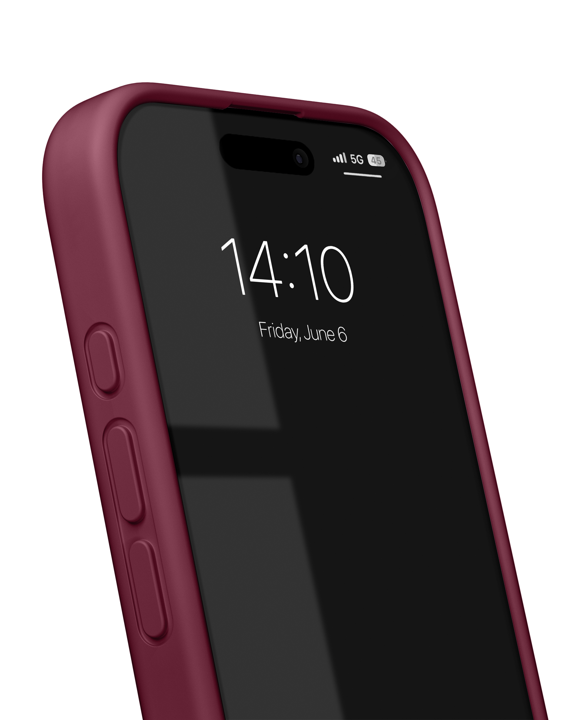 Ein kastanienbraunes Smartphone in einer Hülle zeigt die Uhrzeit 14:10 auf schwarzem Grund.