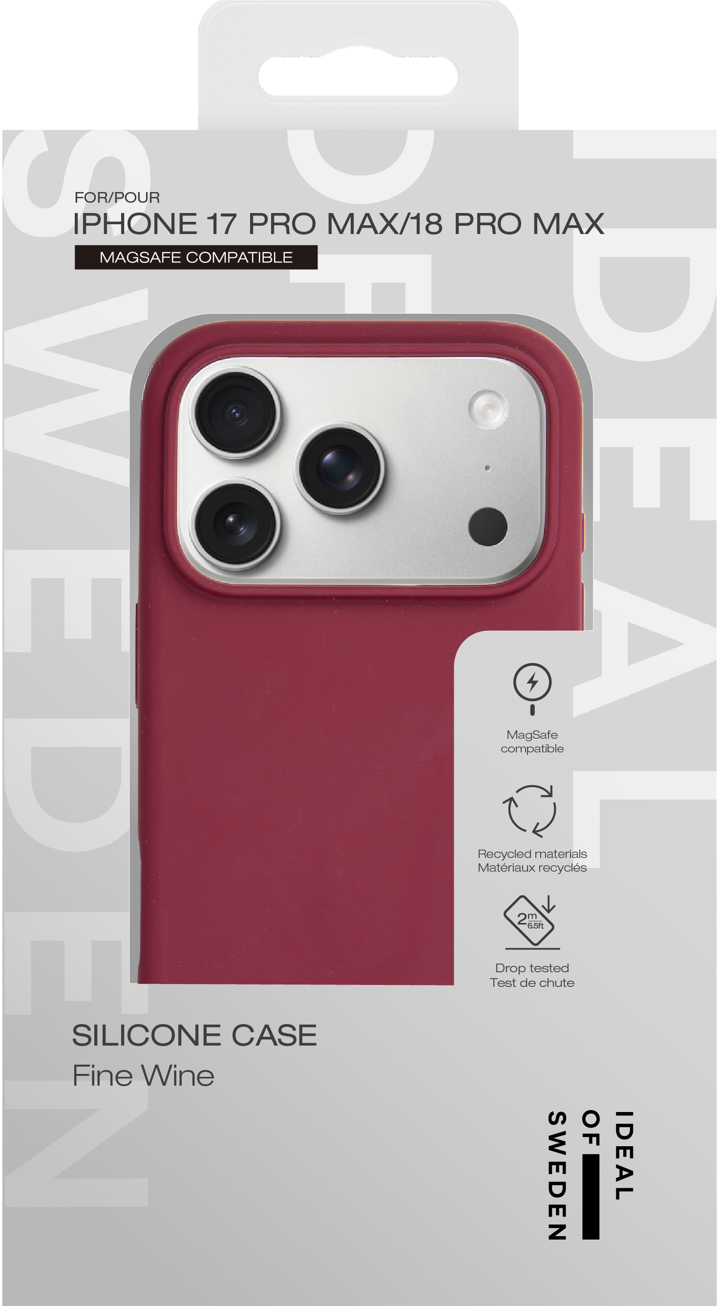 Verpackung einer weinroten Silikonhülle für iPhone 17 Pro Max mit MagSafe-Symbolen.