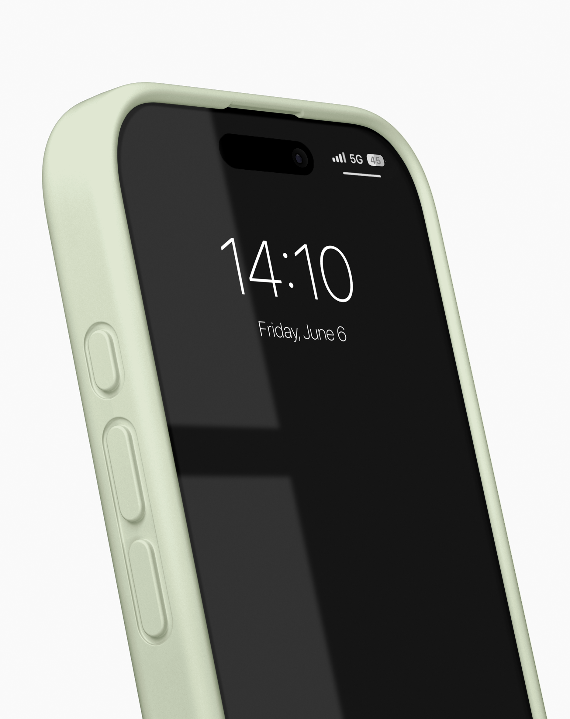 Ein grünes Smartphone mit schwarzem Display zeigt Datum und Uhrzeit gegen einen hellen Hintergrund.