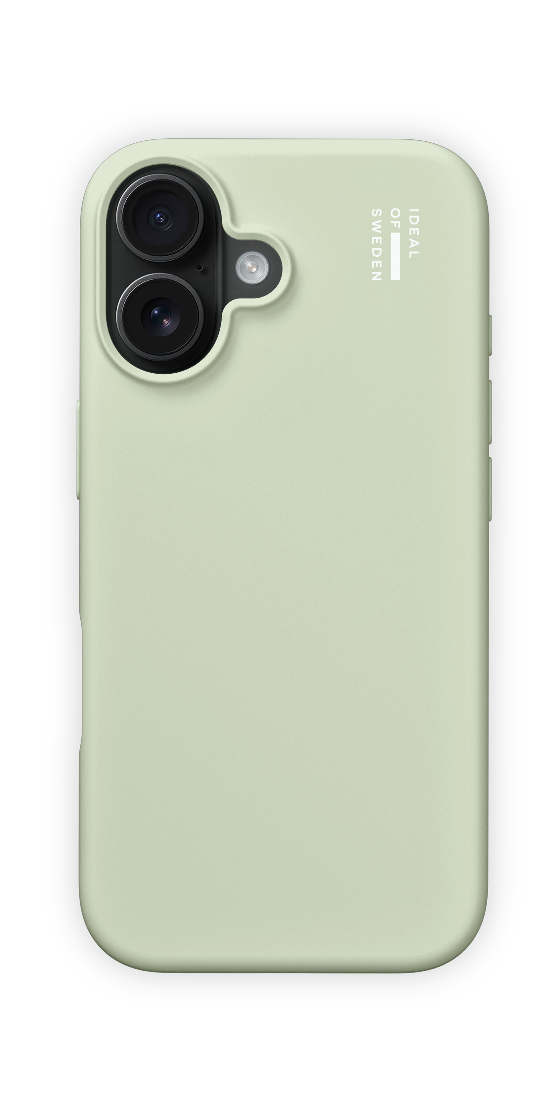 Ein pastellgrünes Smartphone in einer Schutzhülle mit doppelter Kamera und weißem Logo.