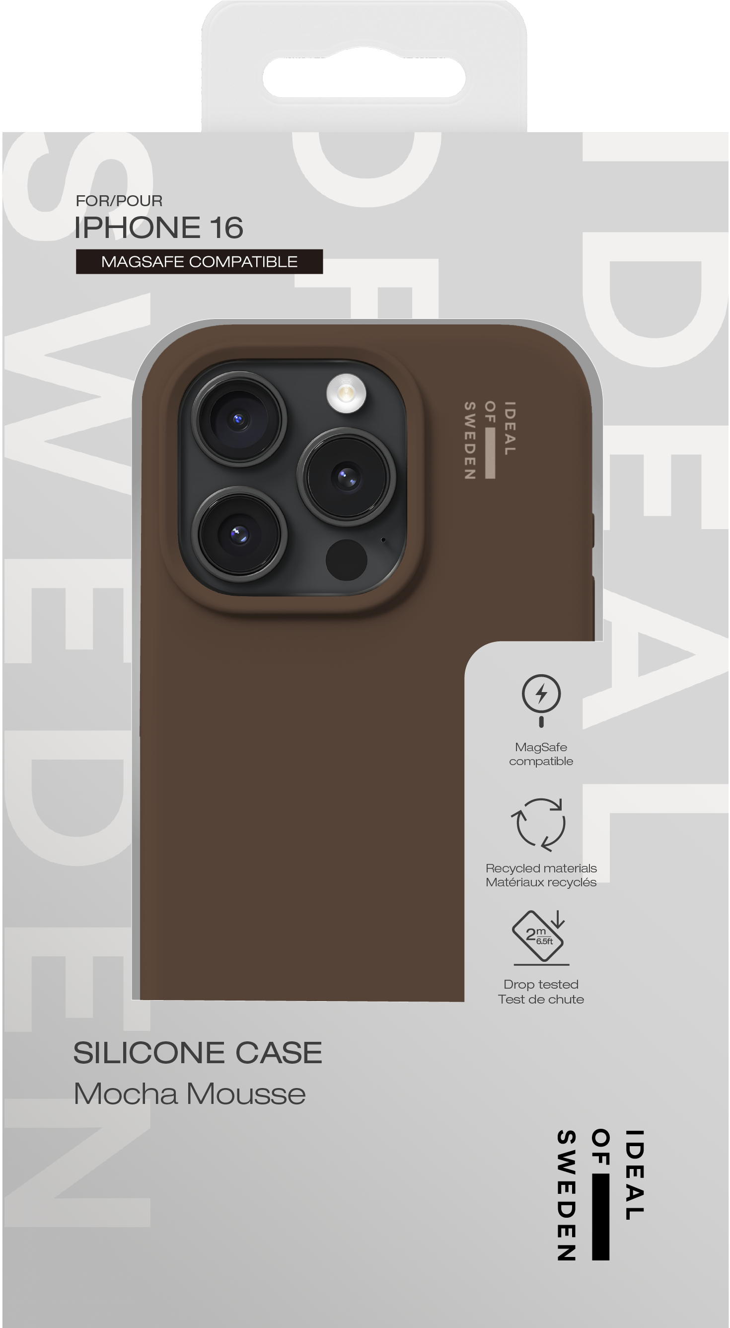 Braune Silikon-Handyhülle für iPhone 16 in weißer Originalverpackung mit Text und Symbolen.