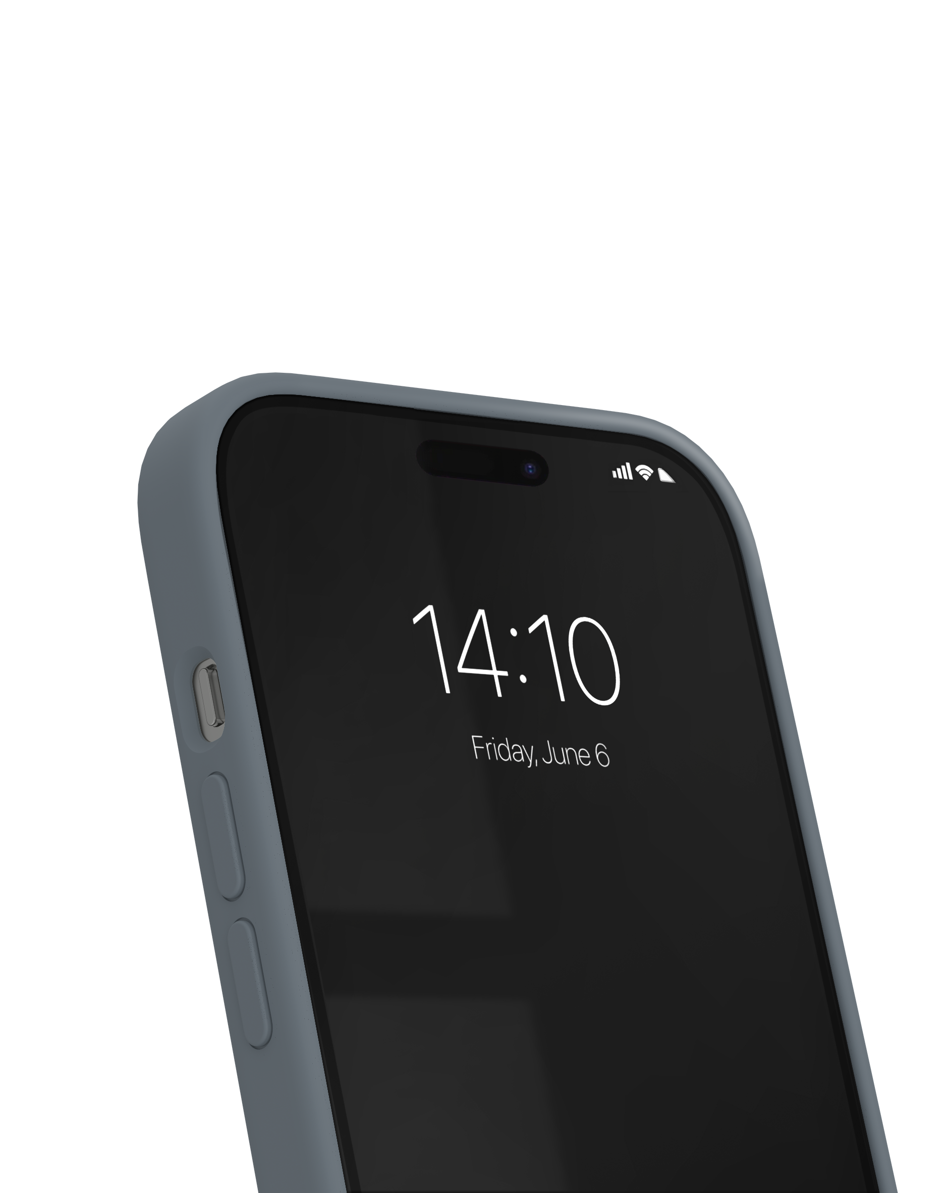 Ein graues Smartphone mit schwarzem Display zeigt die Uhrzeit 14:10 Uhr und das Datum Freitag, 6. Juni vor schwarzem Hintergrund.