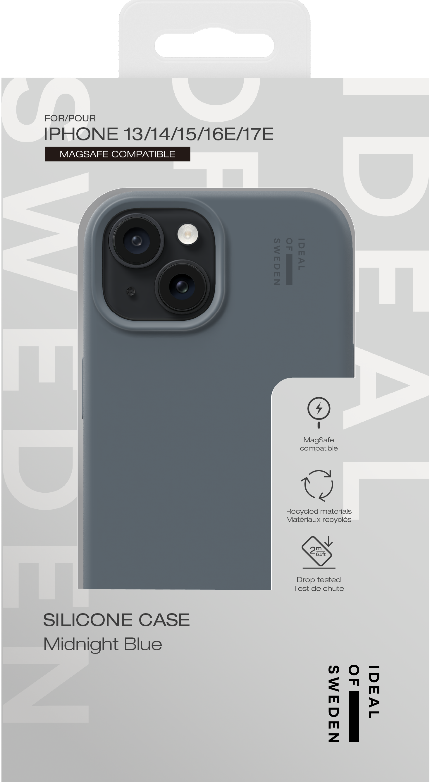 Verpackung für blaue iPhone-Silikonhülle mit MagSafe-Kompatibilität und Recyclingmaterial.