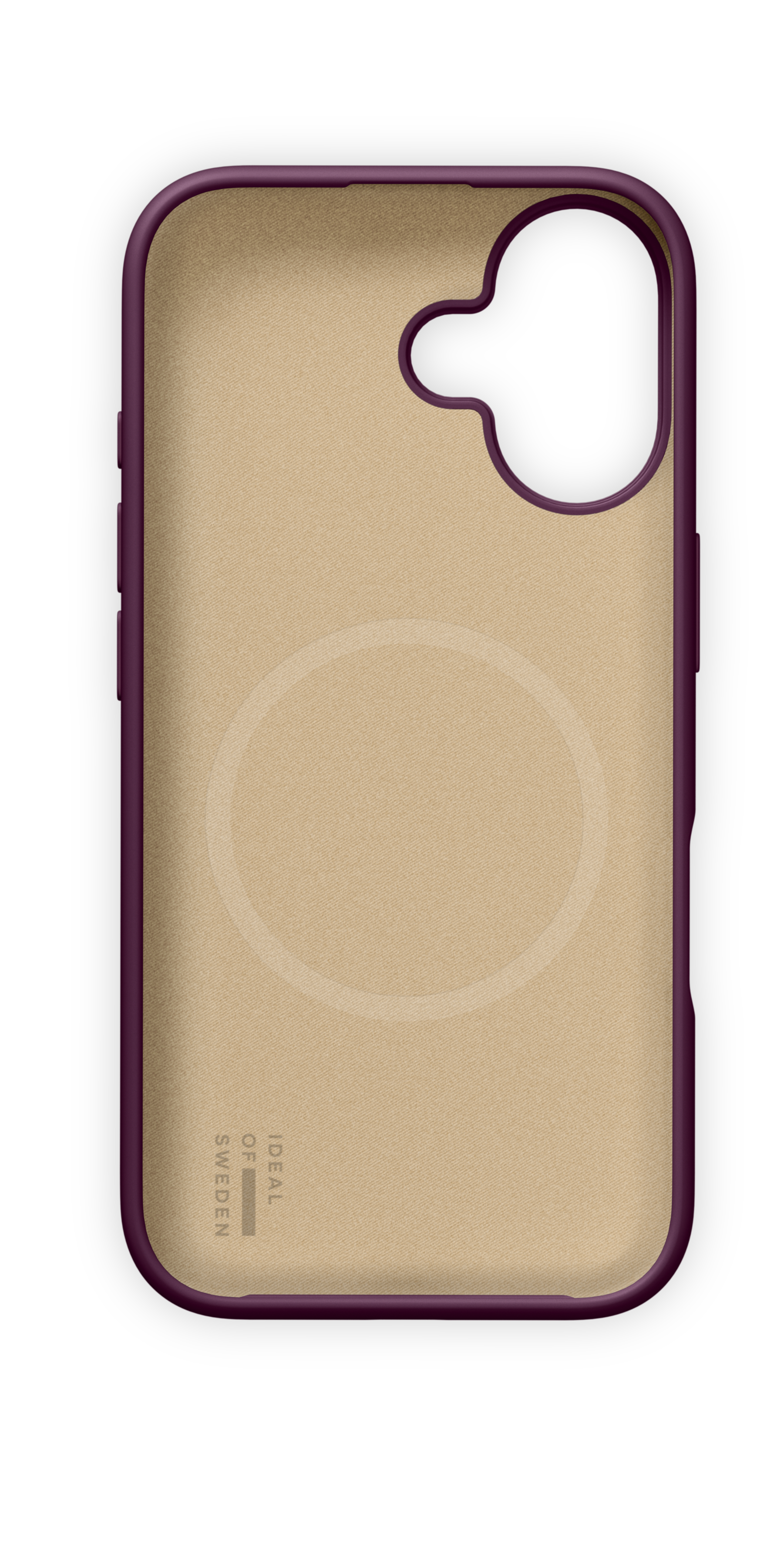 Innenansicht einer violetten Handytasche mit beigeem Futter und MagSafe-Ringabdruck.
