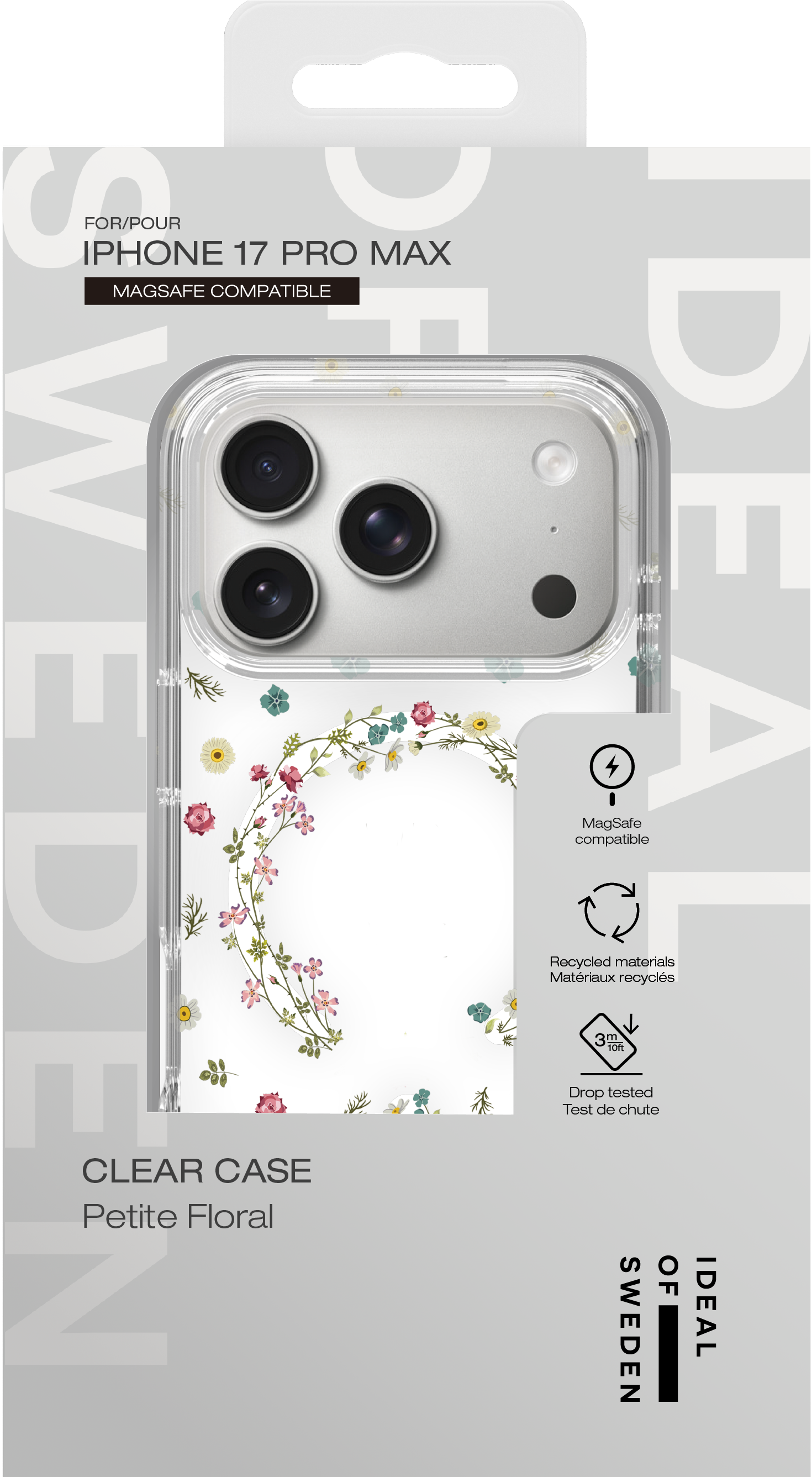 Verpackung für eine transparente iPhone 17 Pro Max Hülle mit zartem Blumenkranz-Design, MagSafe-kompatibel.
