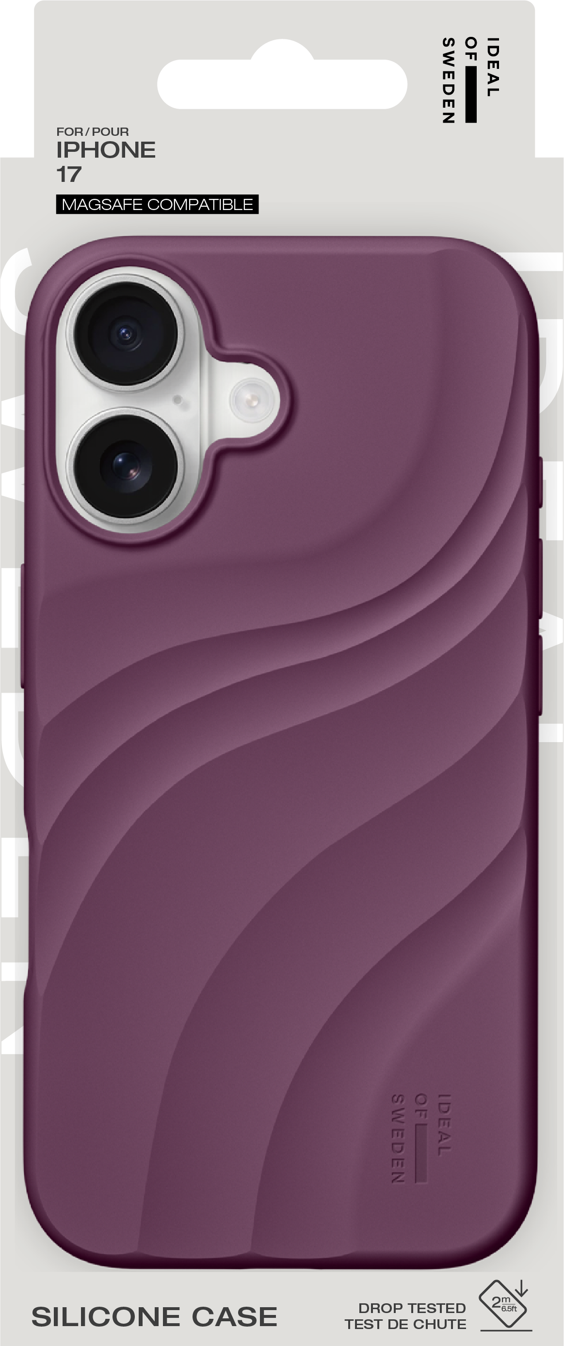 Lila Silikon-Handyhuellle mit Wellenmuster fuer iPhone 17 in Originalverpackung.