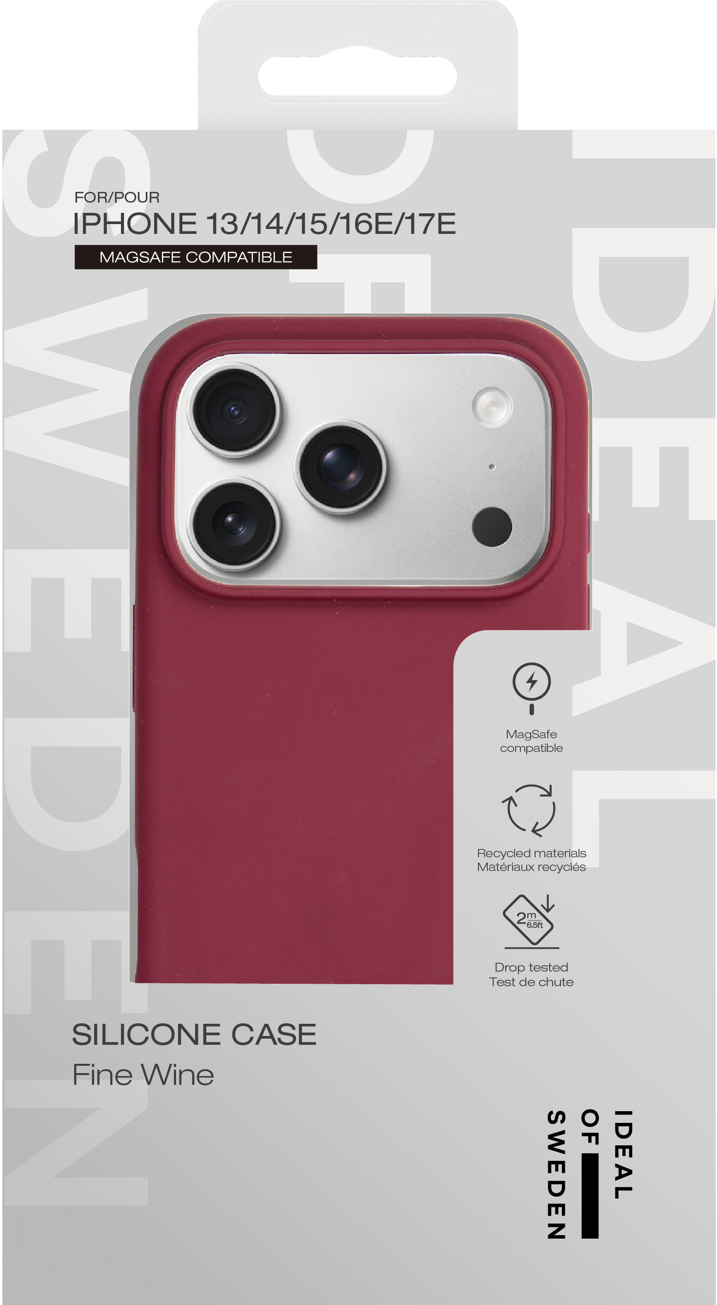Eine weinrote iPhone-Silikonhülle in ihrer grauen und weißen Verpackung mit Produktmerkmalen.