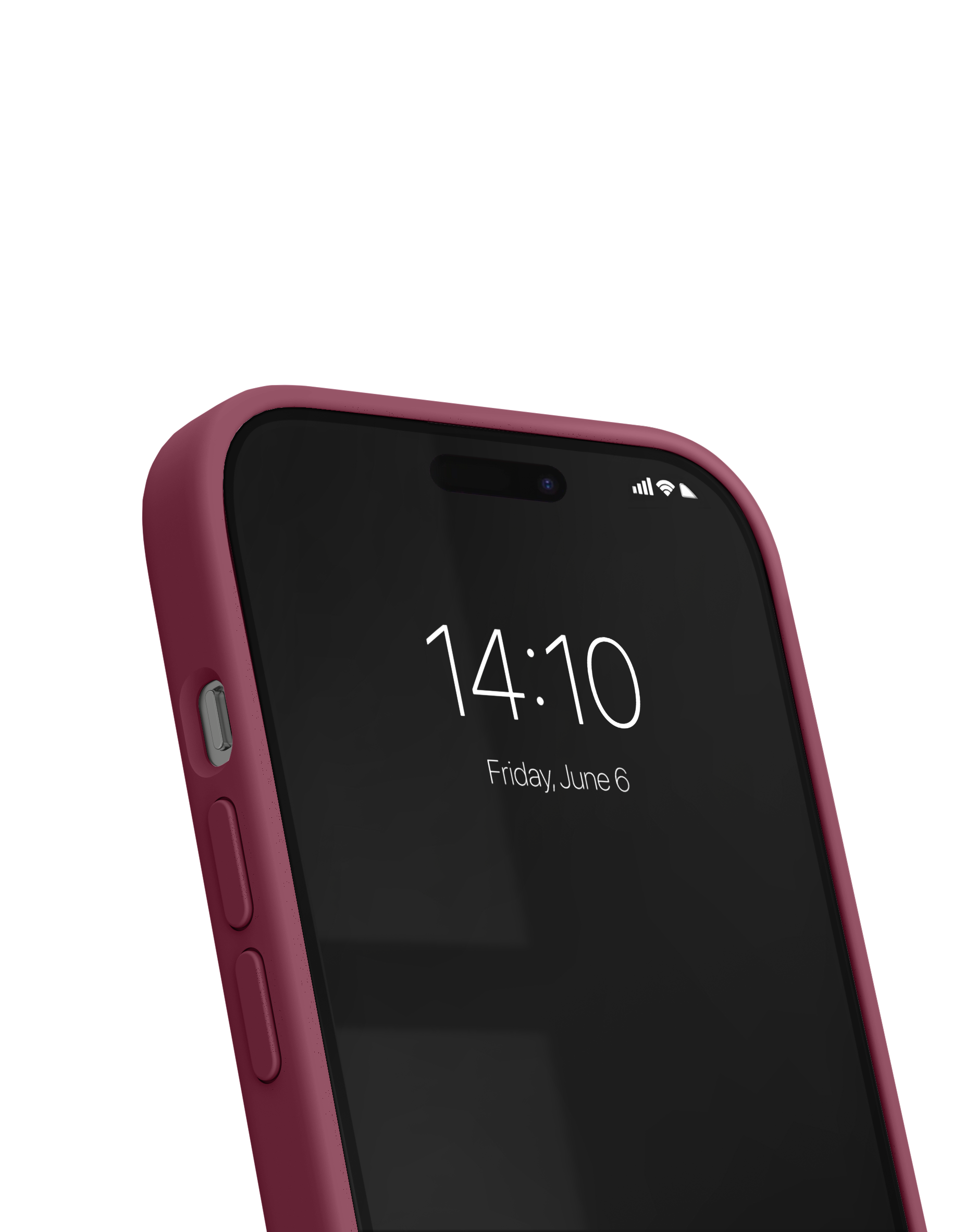 Nahaufnahme eines roten Smartphones mit schwarzem Display, Datum und Uhrzeit.