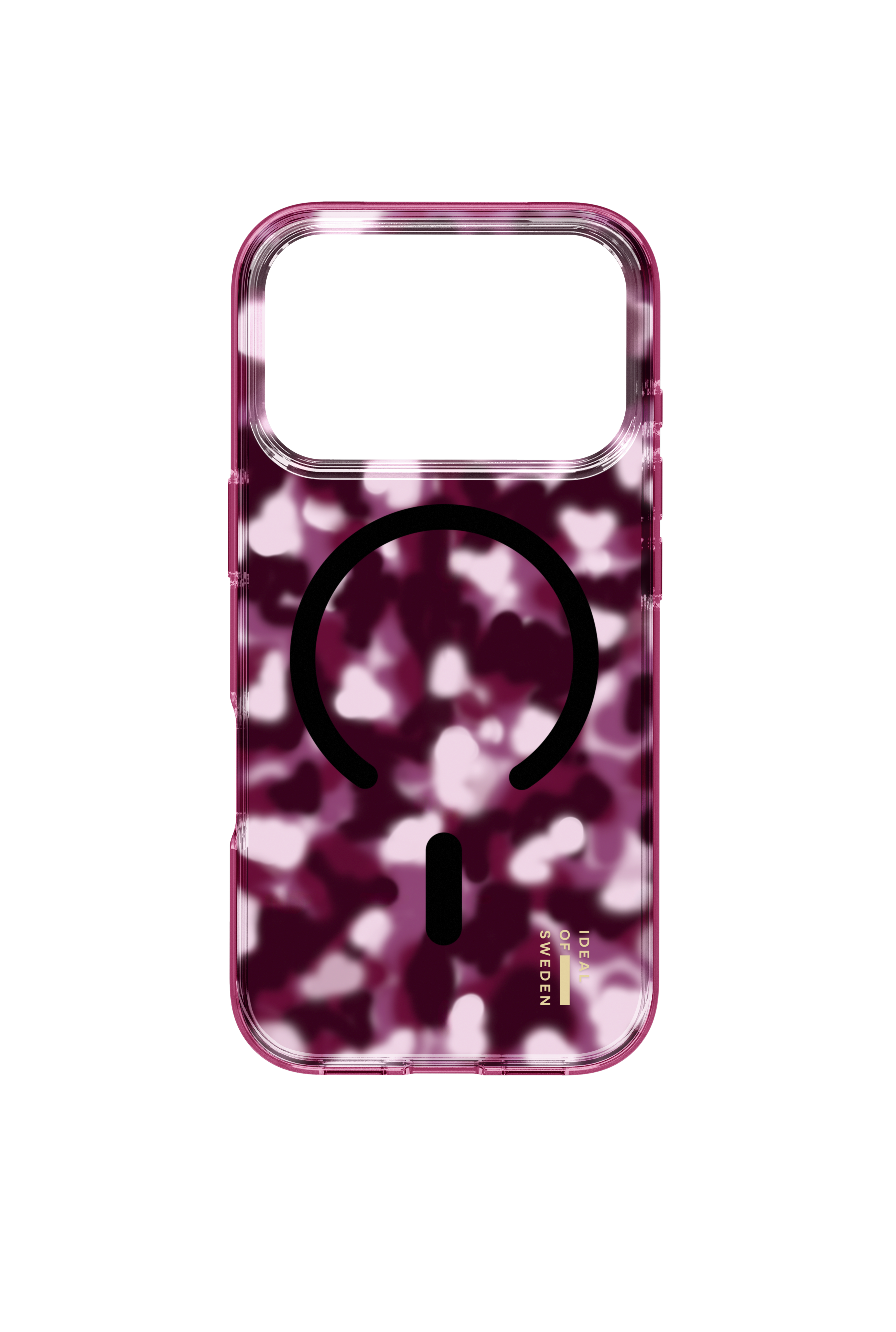 Rosa und dunkelviolette Handyhülle mit Camouflage-Muster und schwarzem MagSafe-Ring.