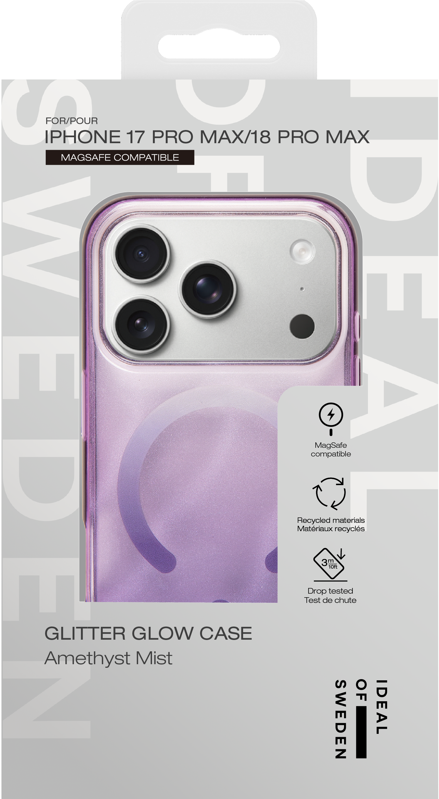 Verpackung einer Amethyst Mist Glitzer-Handyhülle für iPhone 17/18 Pro Max mit Kameraschnitt und Symbolen.