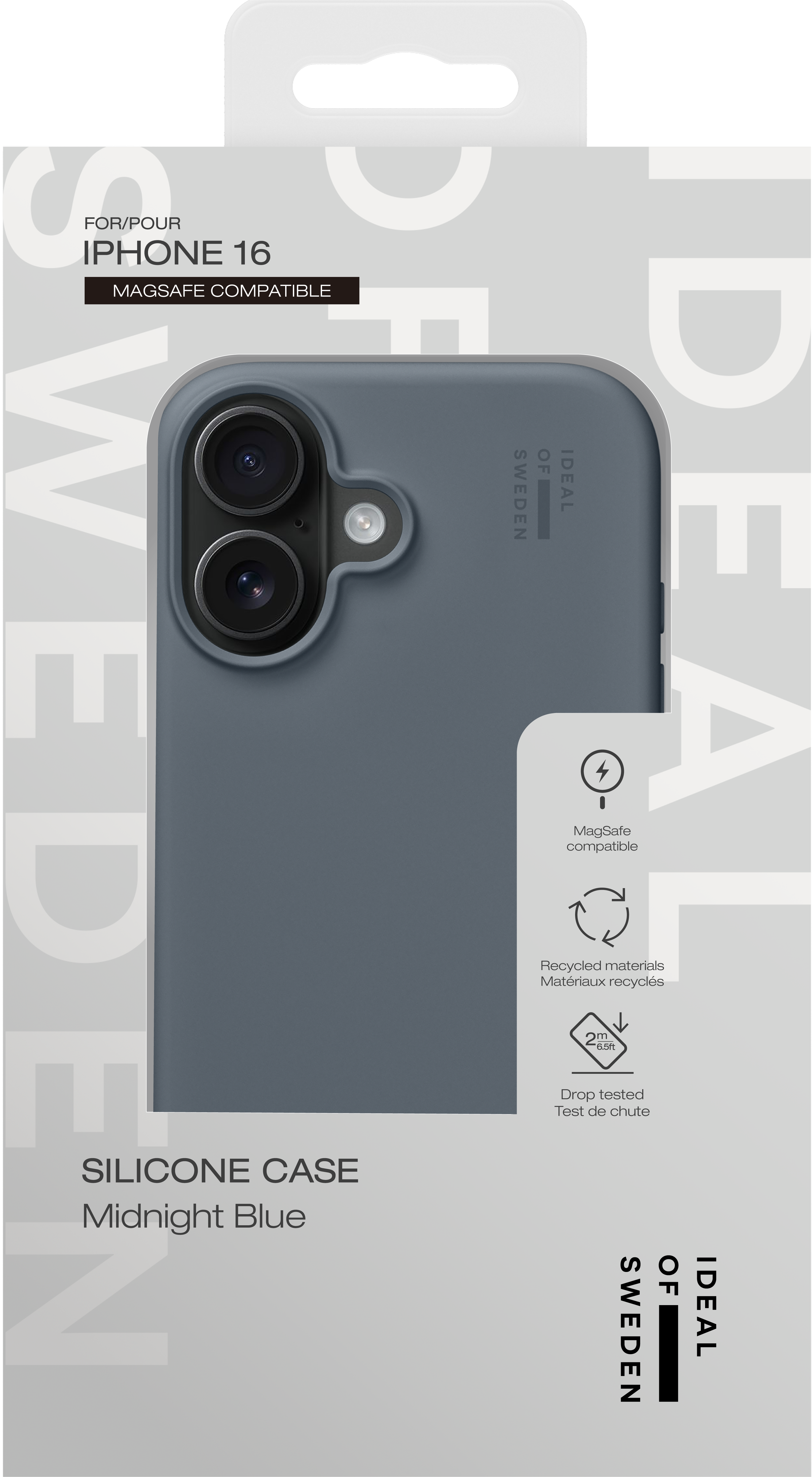 Mitternachtsblaue Silikon-Handyhülle für iPhone 16 in weißer Originalverpackung.