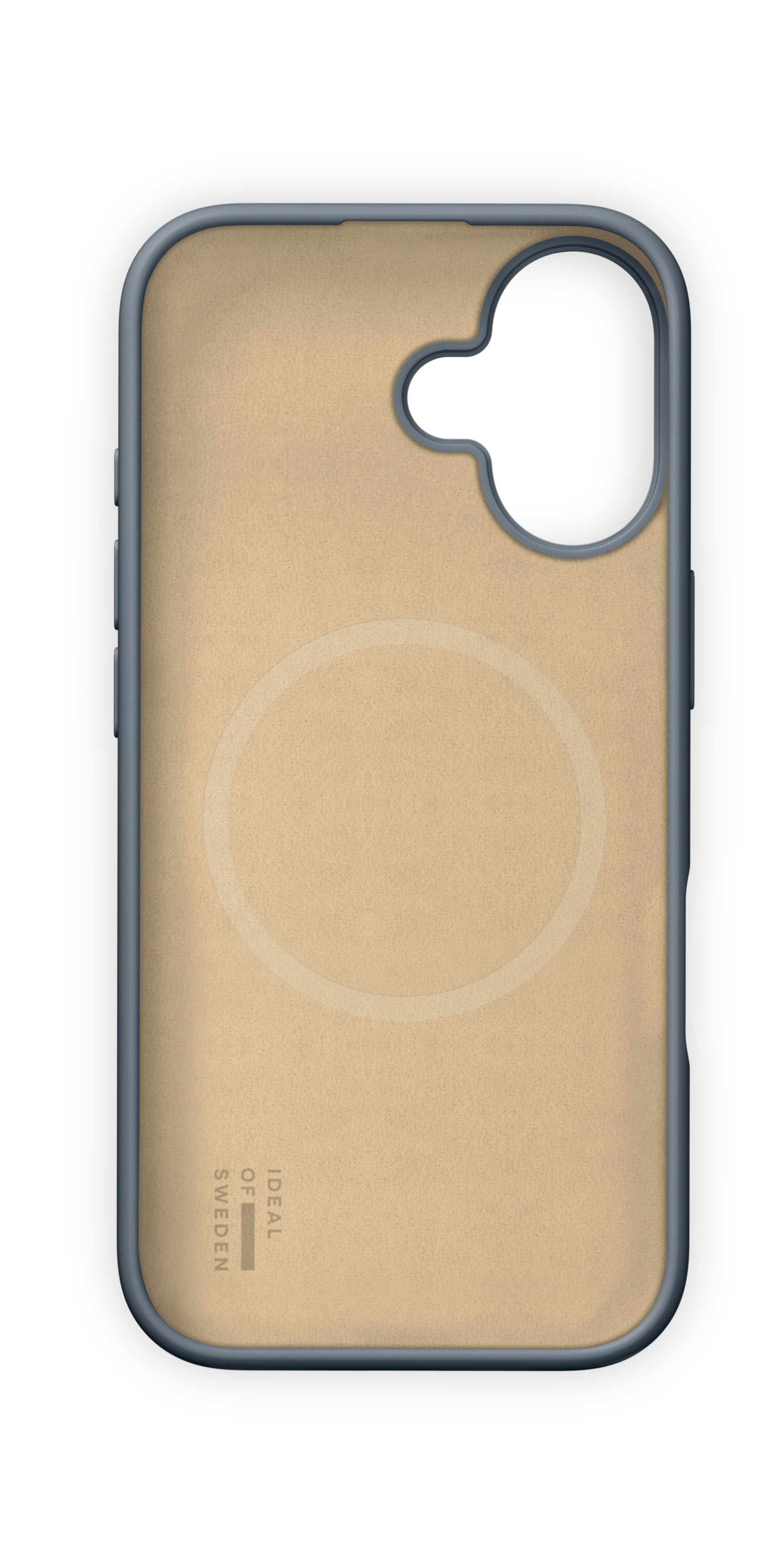 Eine beige Handyhülle mit grauem Rand, kreisförmigem Ring und Markenemblem unten.