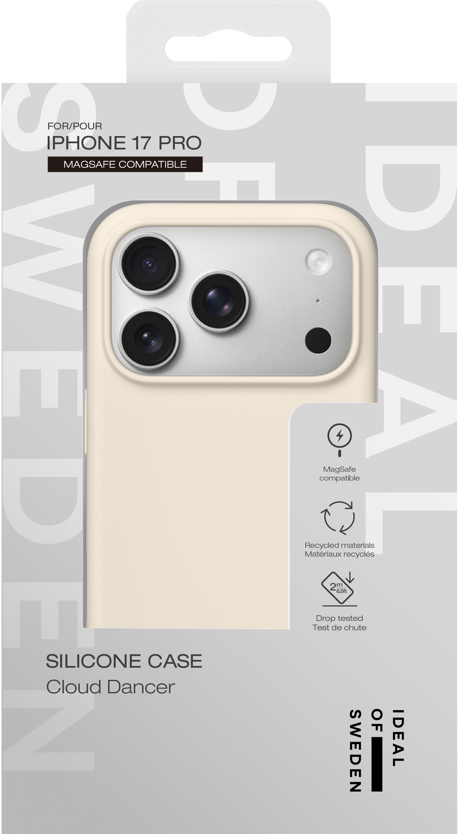 Verpackung für ein beige iPhone 17 Pro Silikoncase namens Cloud Dancer mit Marken- und Funktionssymbolen.