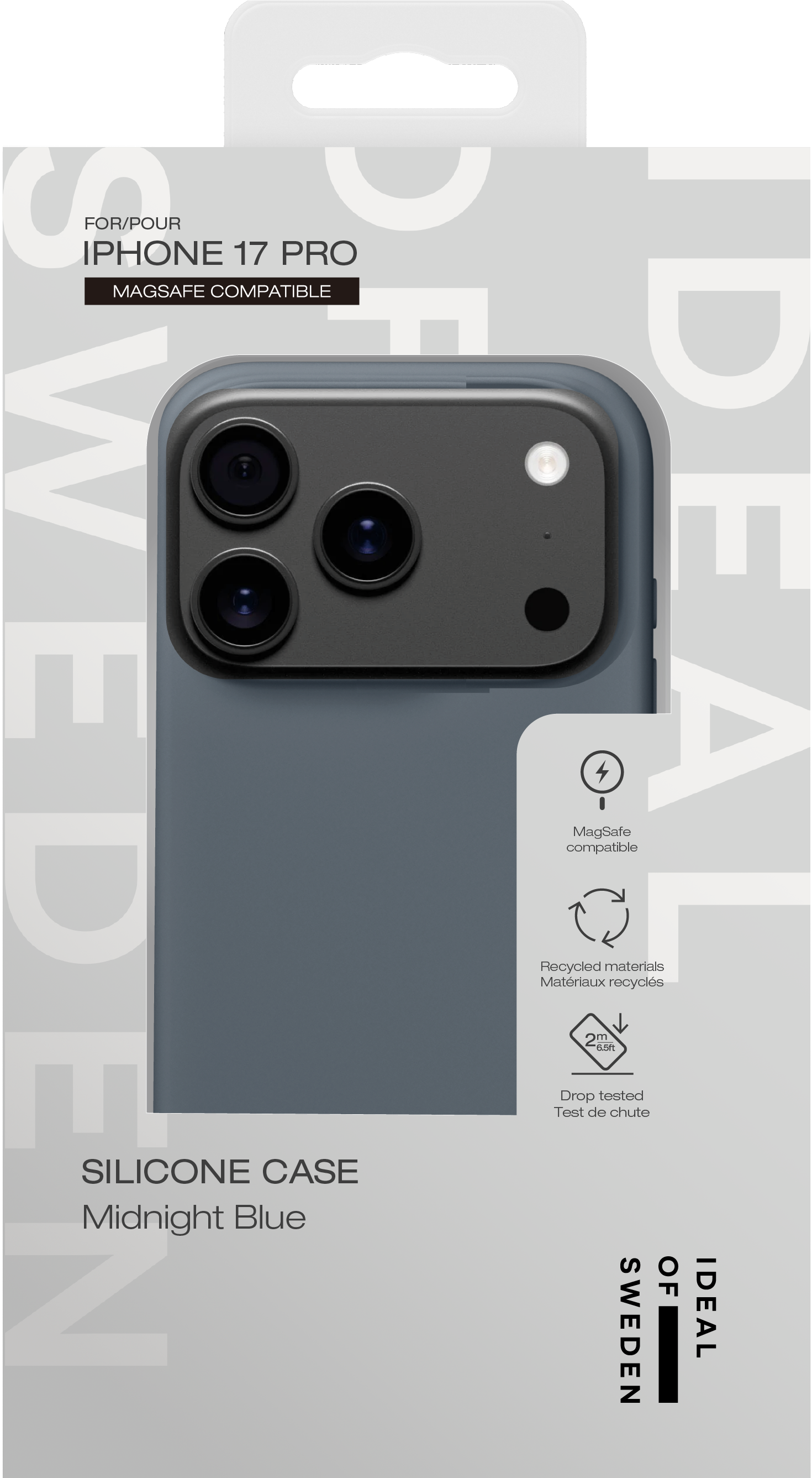Verpackung für ein blaues iPhone 17 Pro Silikoncase mit MagSafe-Kompatibilität.