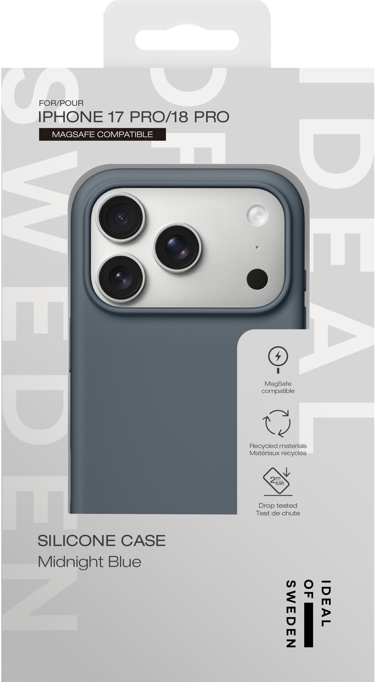 Verpackung einer blauen Silikon-Handyhülle für iPhone 17 Pro/18 Pro mit Magsafe-Kompatibilität.