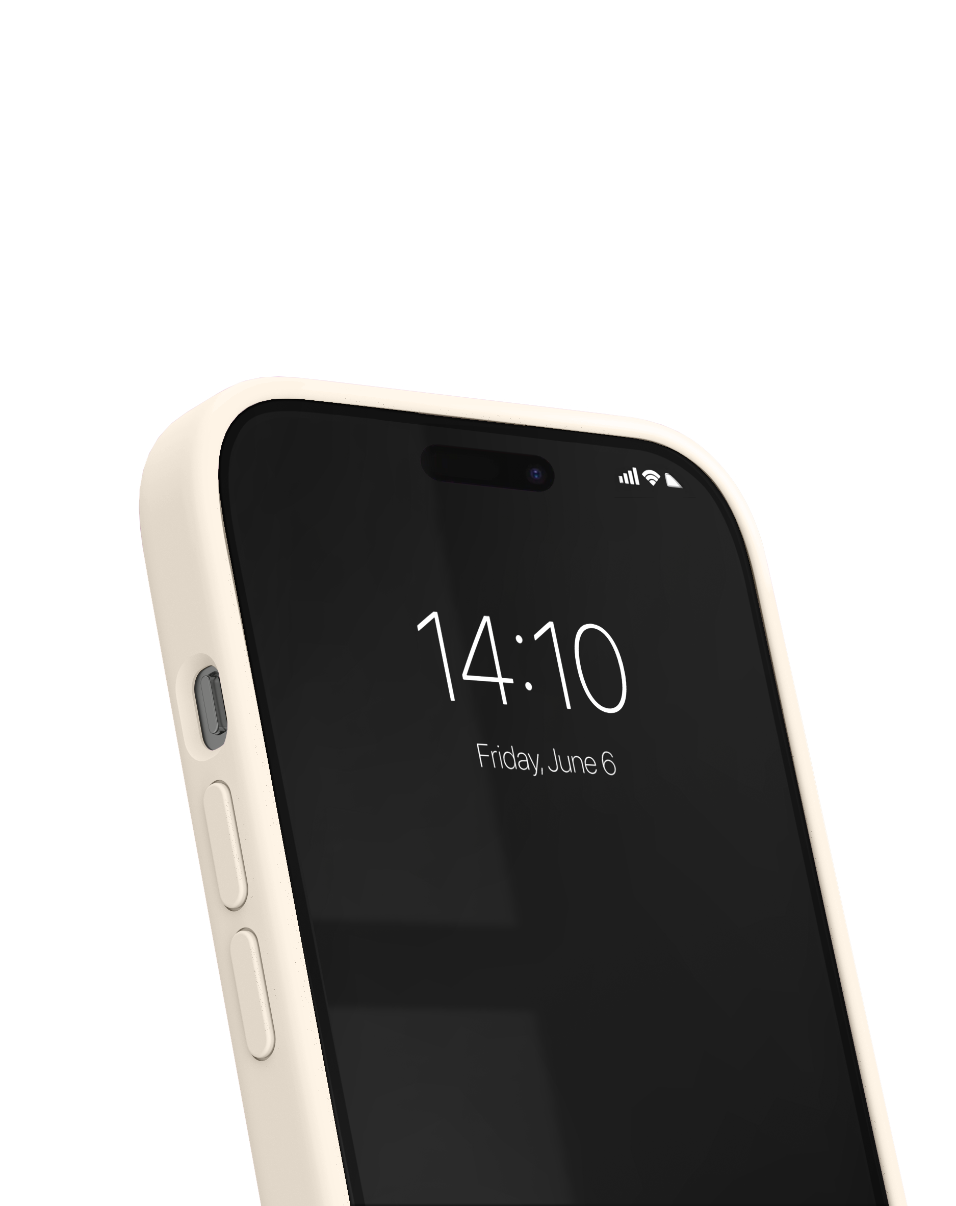 Nahaufnahme eines hellen Smartphones mit schwarzem Display, das 14:10 Uhr und Freitag, 6. Juni anzeigt, auf schwarzem Hintergrund.
