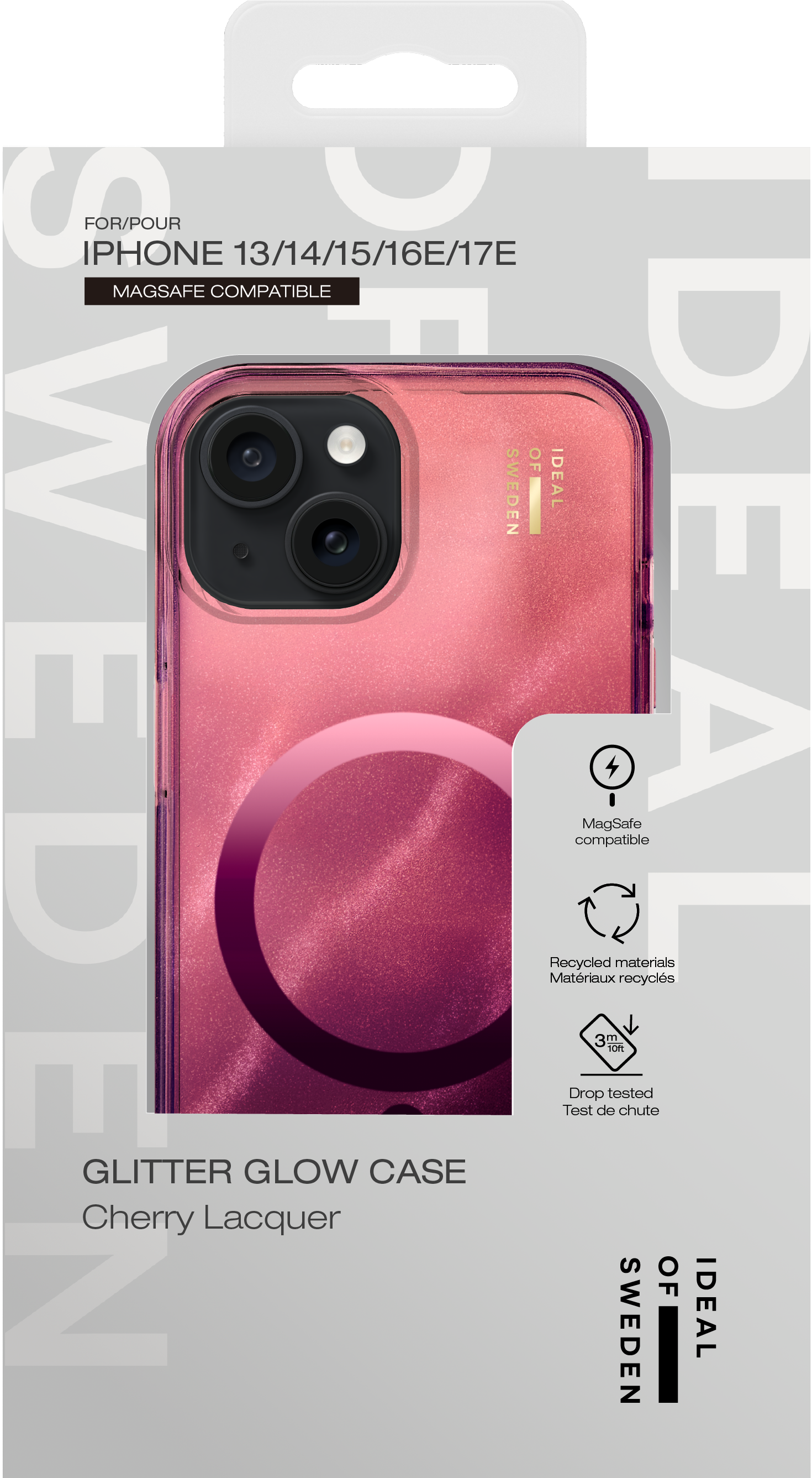 Rosa Glitzer-Handyhülle für iPhone in Originalverpackung mit Markenlogo und Symbolen.