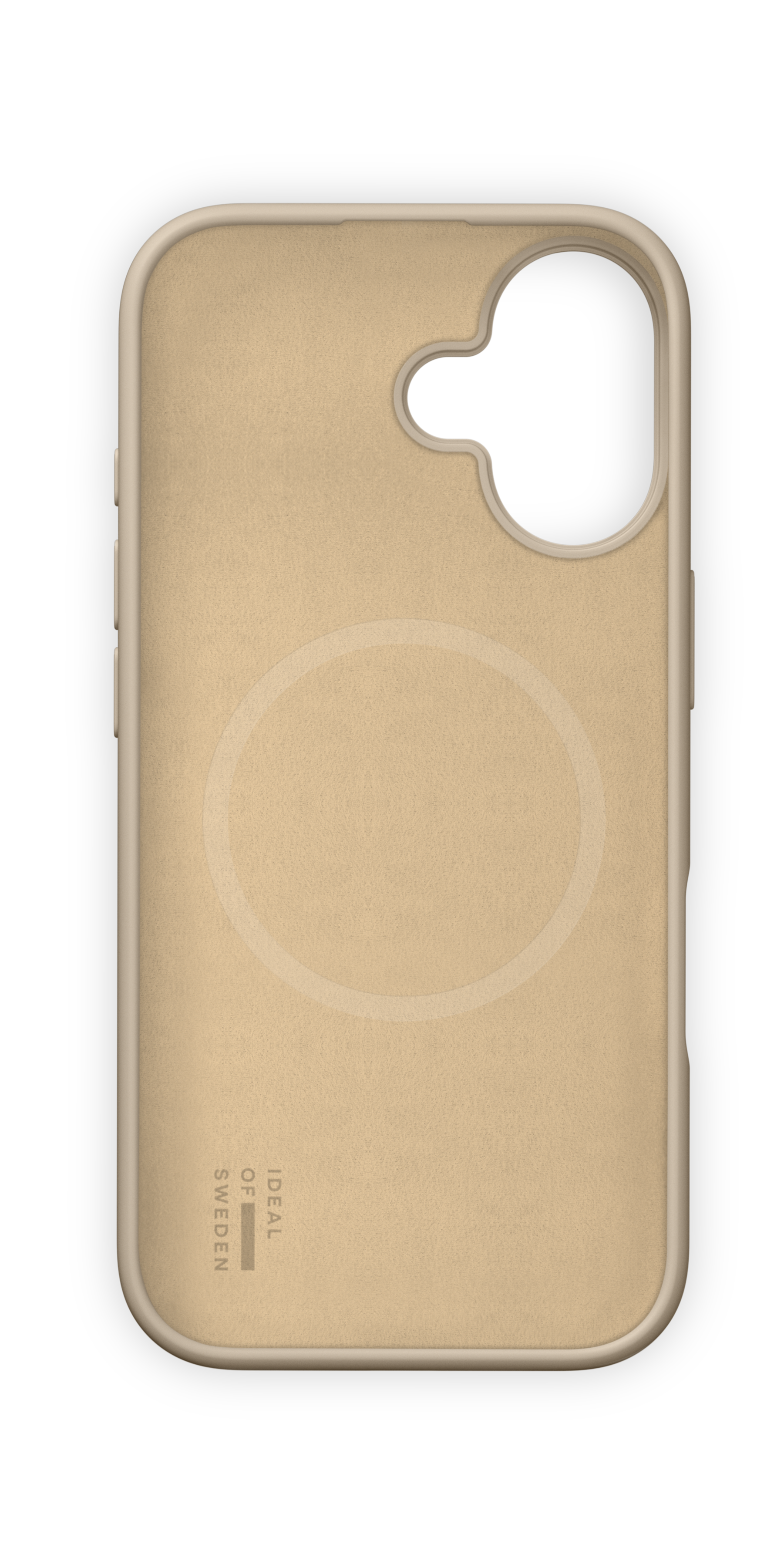 Beigefarbene Handyhülle mit Kameraausschnitt, MagSafe-Ring und kleinem Logo unten.
