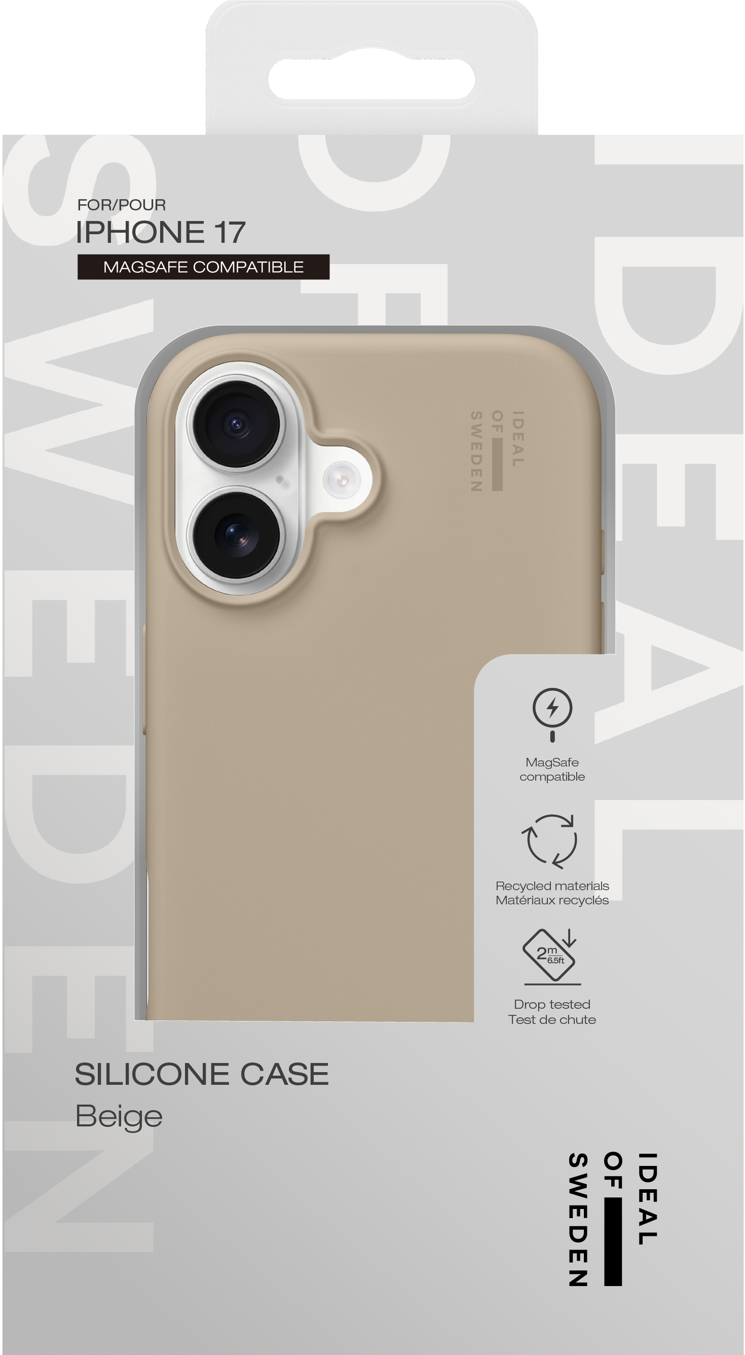 Beige Silikonhülle für iPhone 17 in Verpackung.