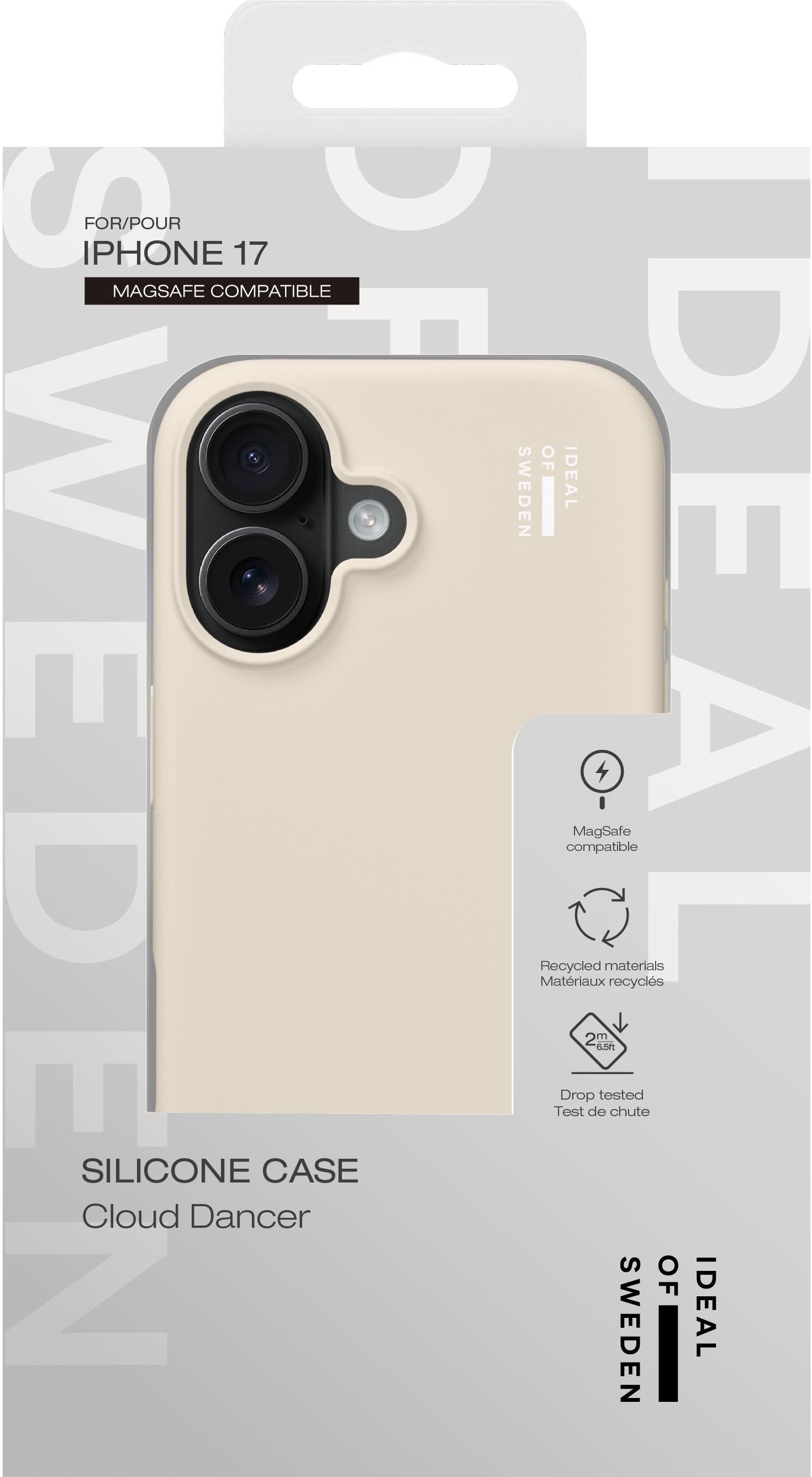 Beige Silikon-Handyhülle für iPhone 17 in weißer und grauer Verpackung mit Symbolen für MagSafe.