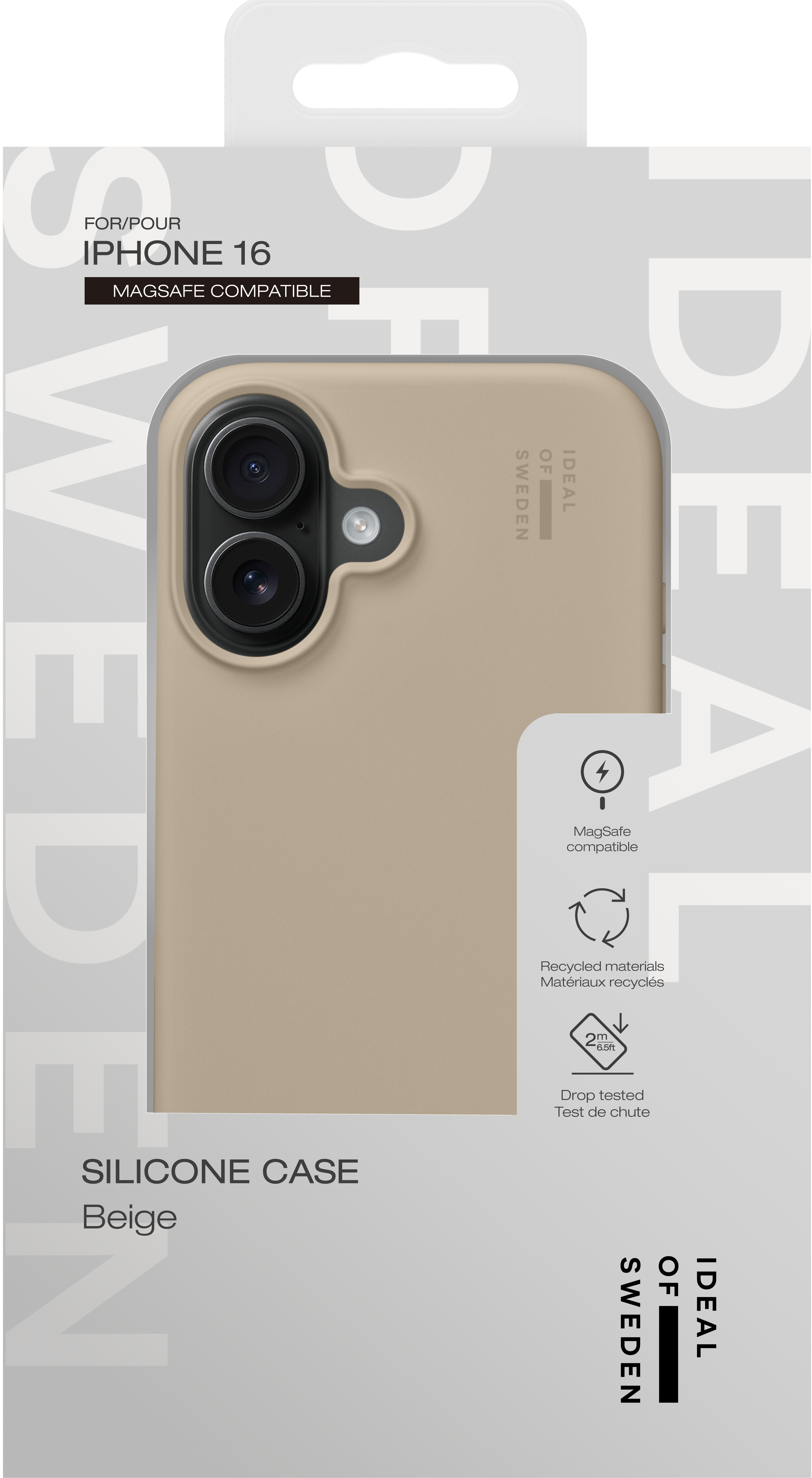 Beige iPhone 16 Silikonhülle in Verpackung mit MagSafe-Kompatibilität.