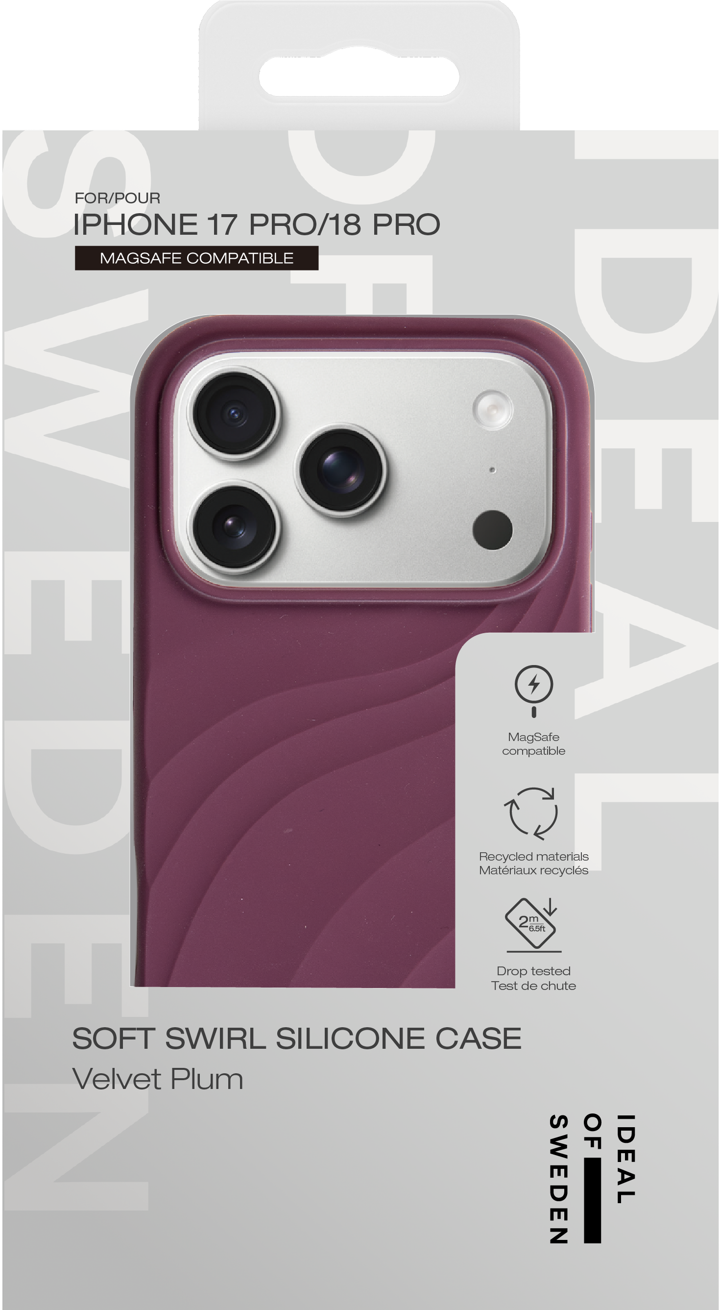 Violette Silikon-Handyhülle für iPhone 17/18 Pro in Originalverpackung.