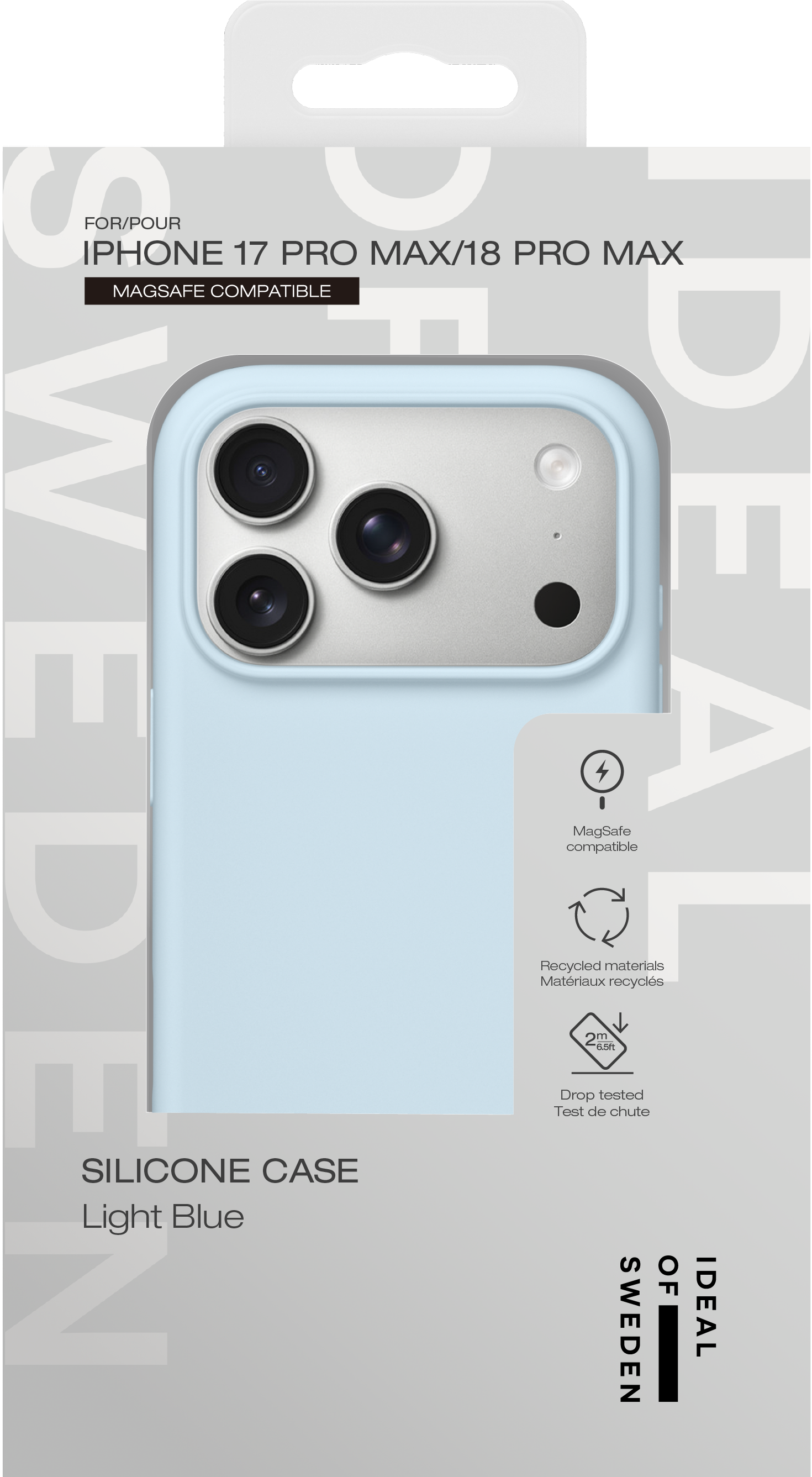 Verpackung einer hellblauen Silikonhülle für iPhone 17 Pro Max mit MagSafe-Kompatibilität.