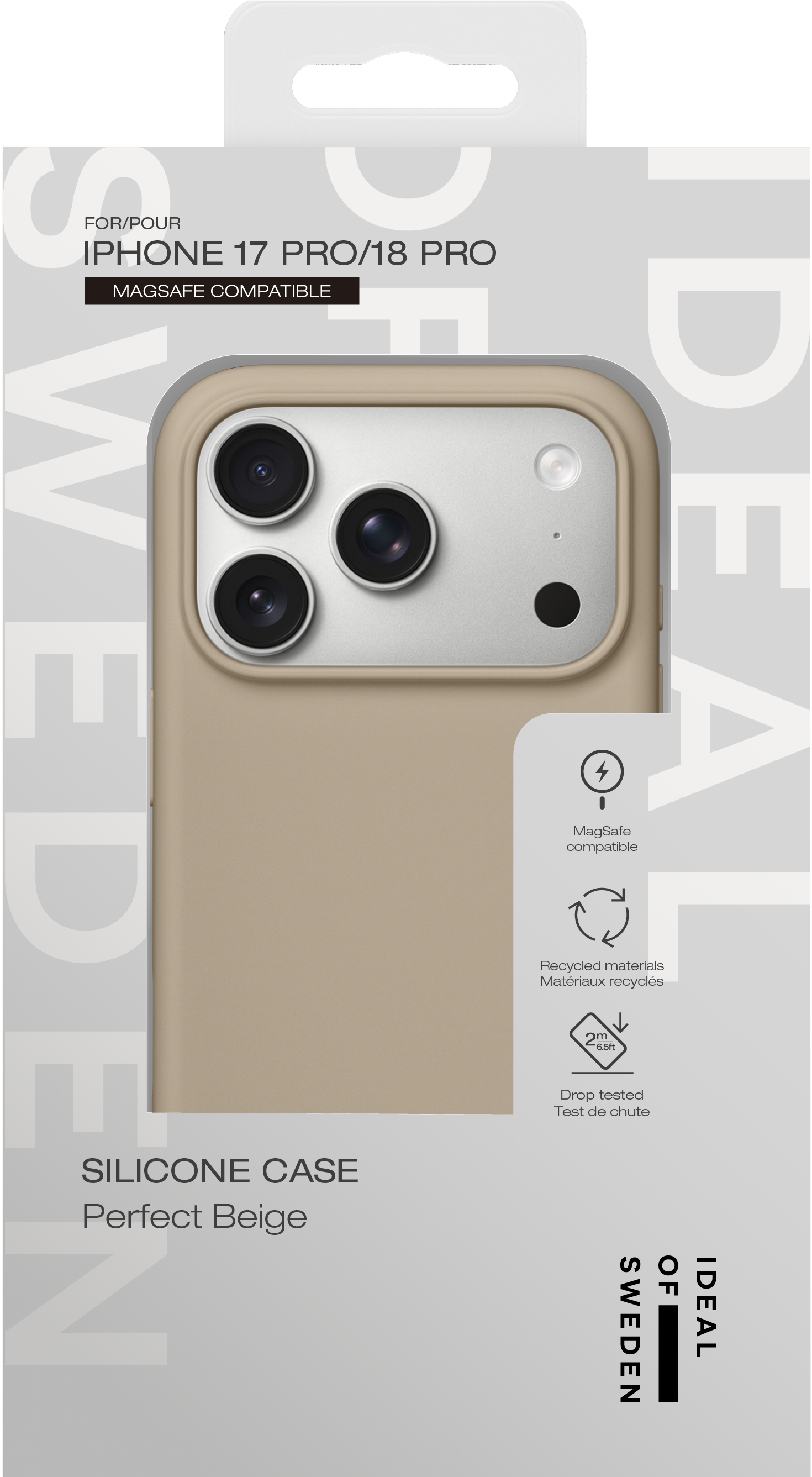 Beige Silikon-Handyhülle in Verpackung für iPhone 17/18 Pro mit MagSafe.