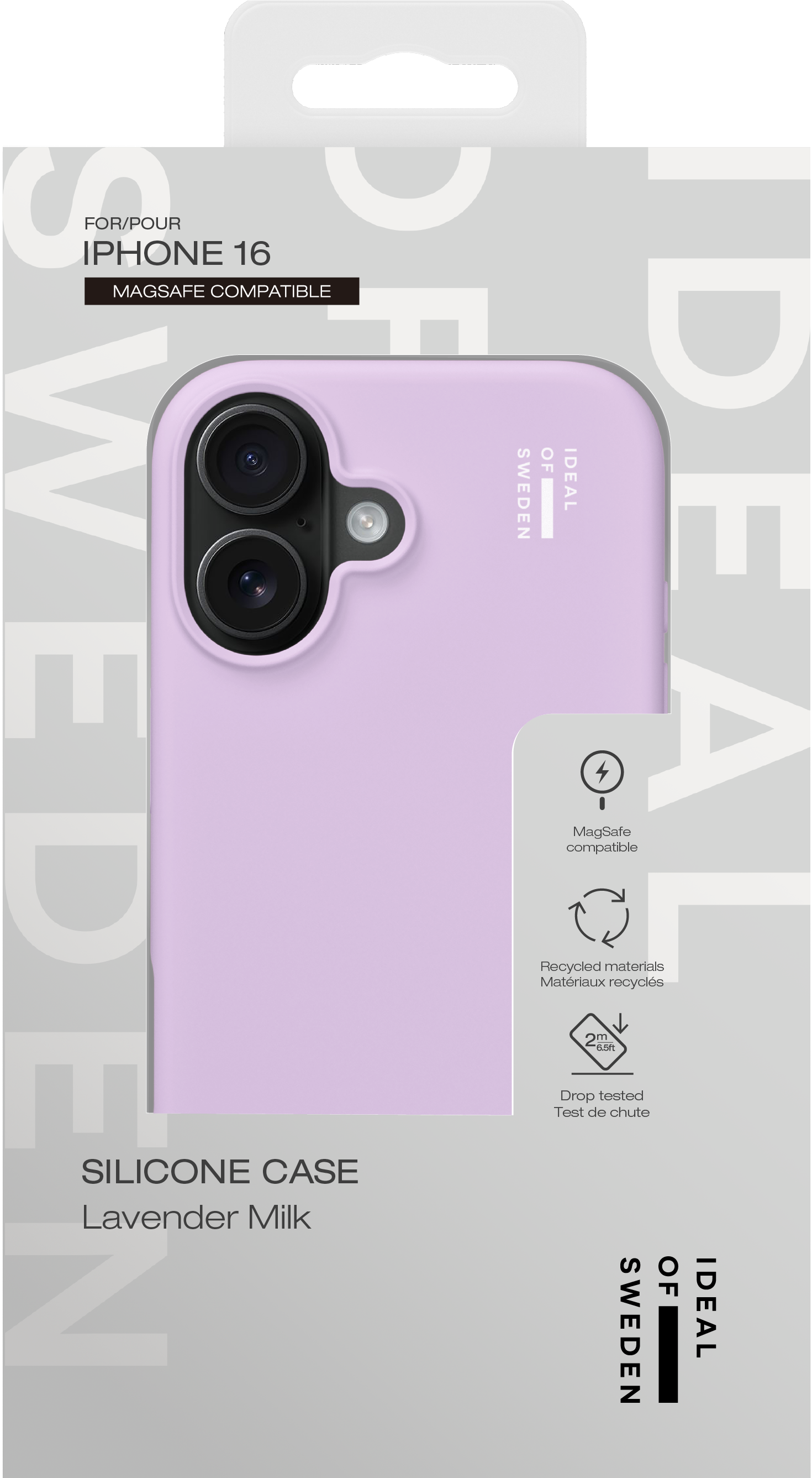 Eine pastelllila iPhone 16 Silikonhülle in der Originalverpackung mit Produktdetails und Markennamen.