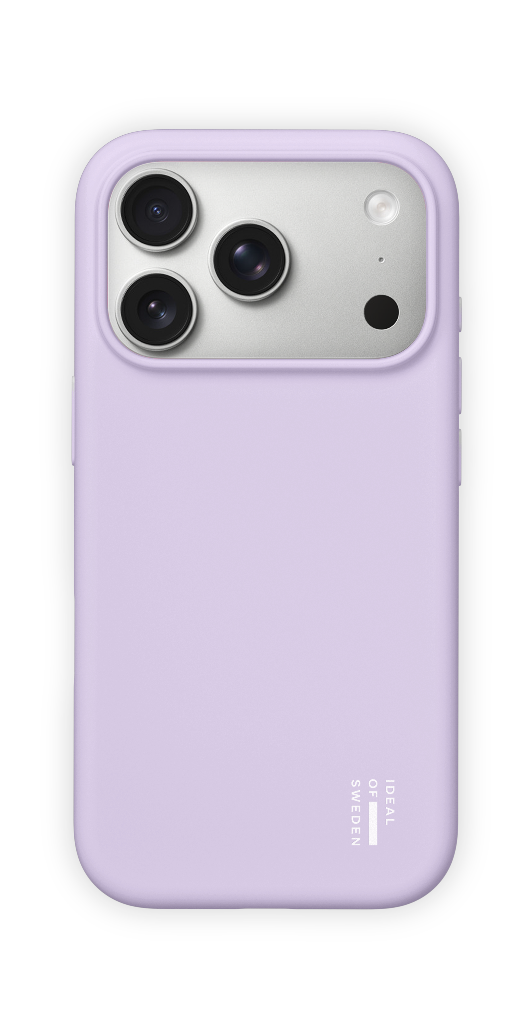 Lila Handyhülle auf der Rückseite eines Smartphones mit drei Kameras in einer silbernen Platte.