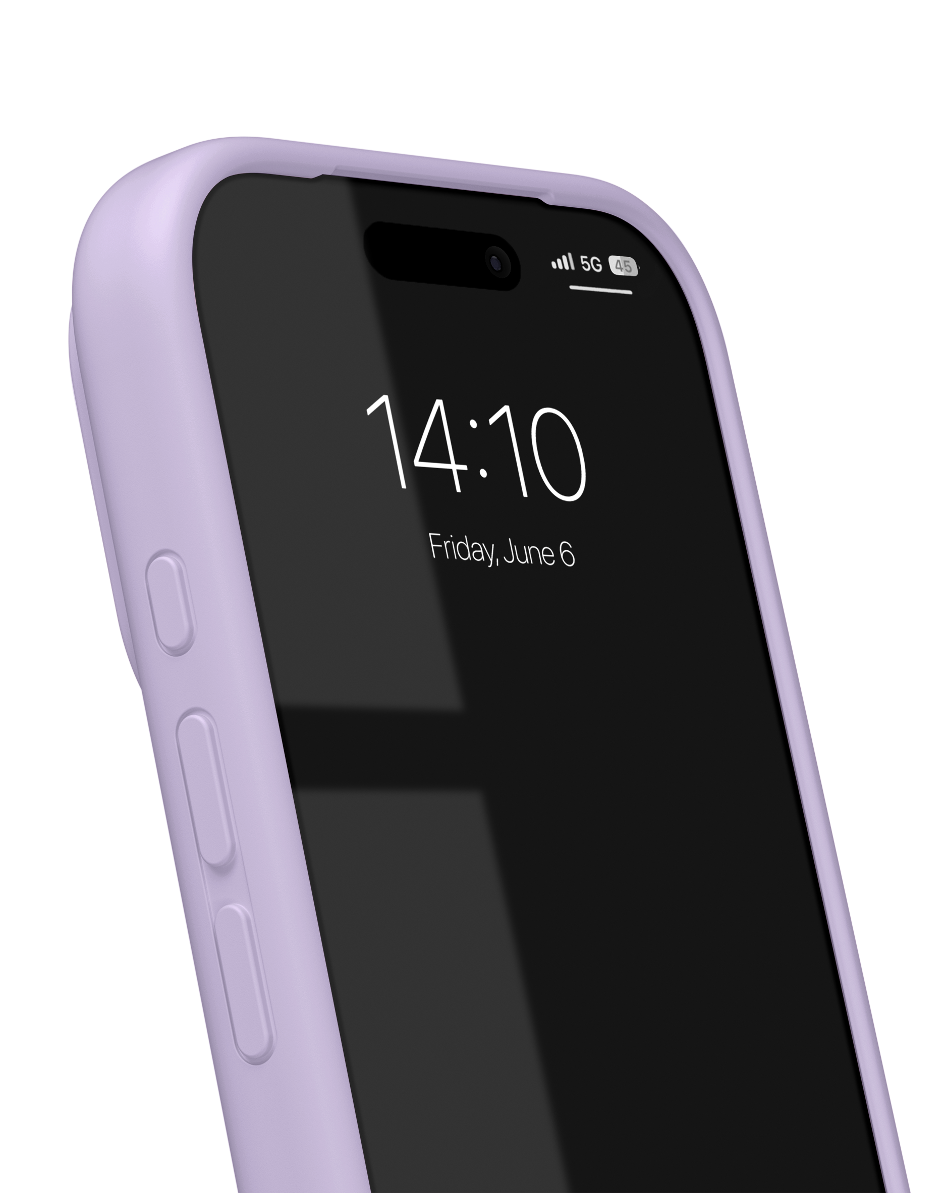 Eine hellviolette Smartphone-Hülle auf einem Telefon mit der Uhrzeit 14:10 vor schwarzem Hintergrund.