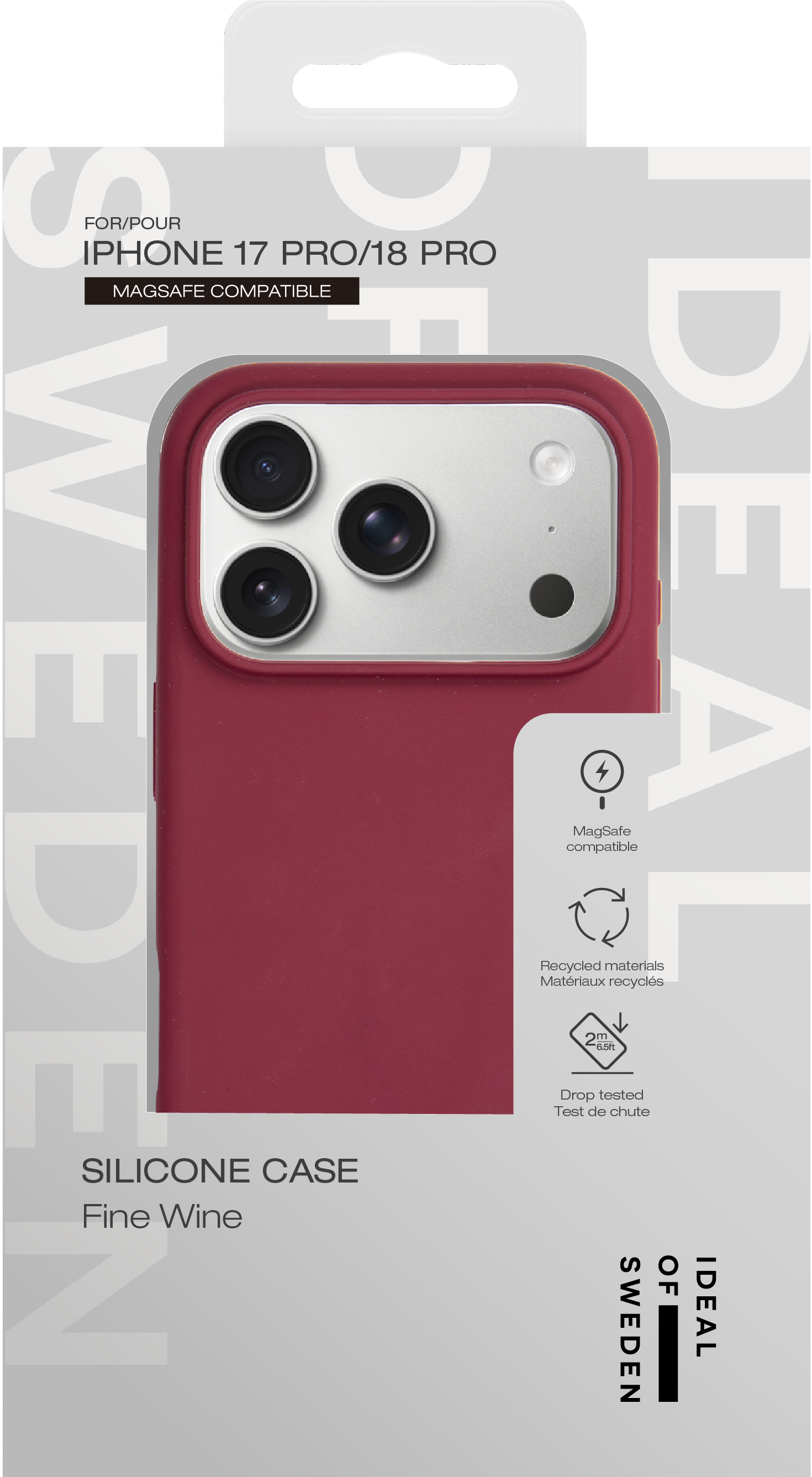 Weinrote Silikonhülle für iPhone in Verpackung mit Icons für MagSafe, Recycling und Falltest.