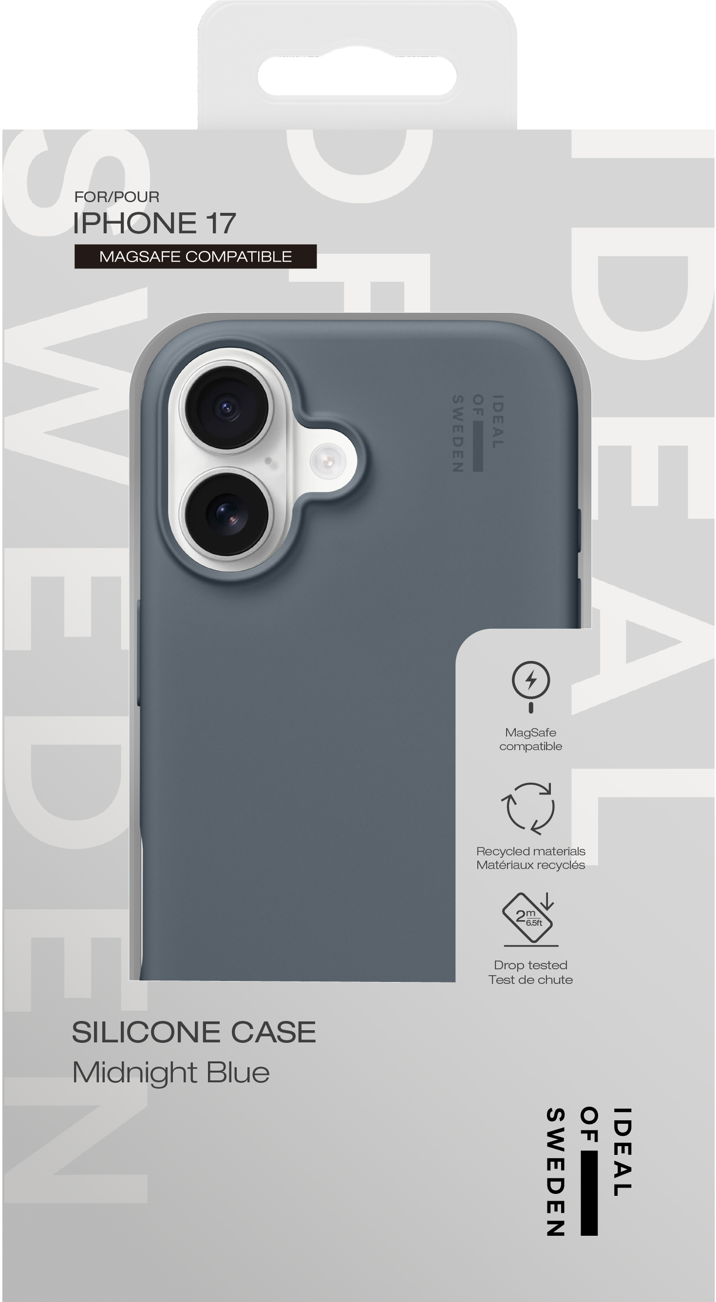 Eine Mitternachtsblaue Silikonhülle für das iPhone 17 in der Verpackung mit Produktdetails.