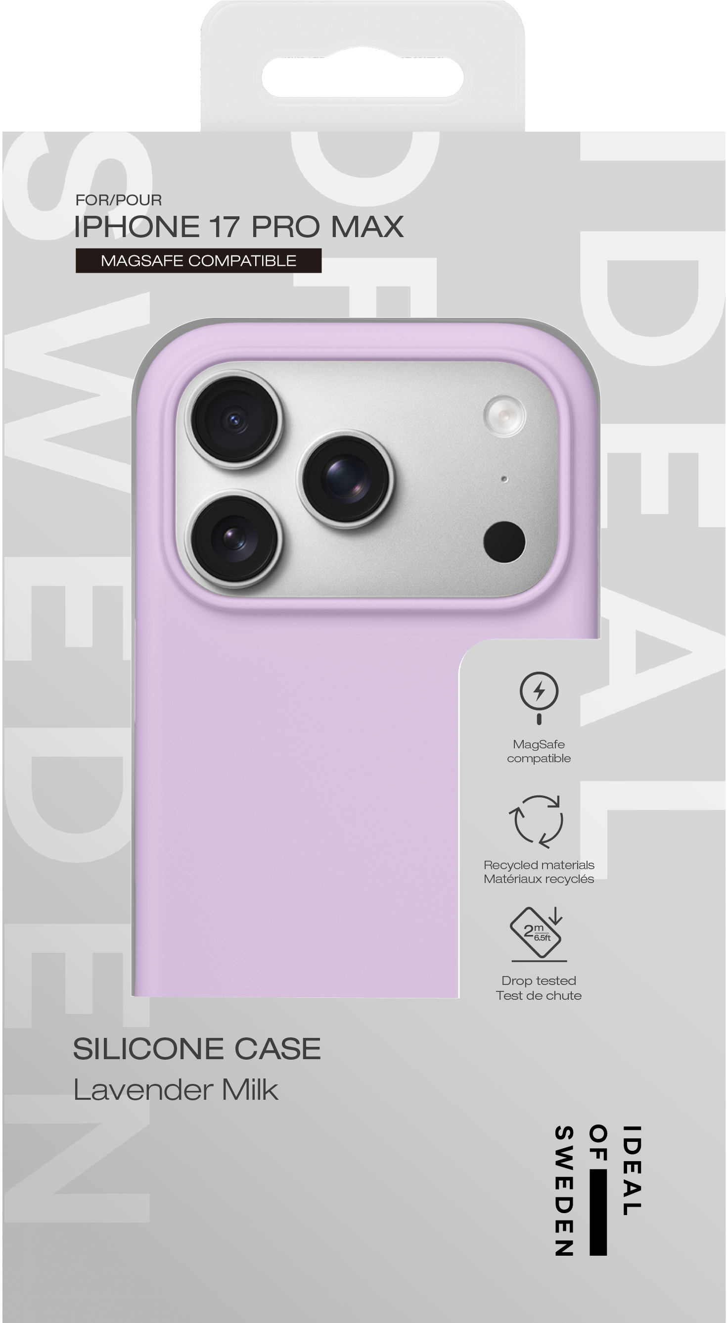 Eine lavenderfarbene Silikon-Handyhuelle fuer iPhone 17 Pro Max in der Originalverpackung mit Icons.