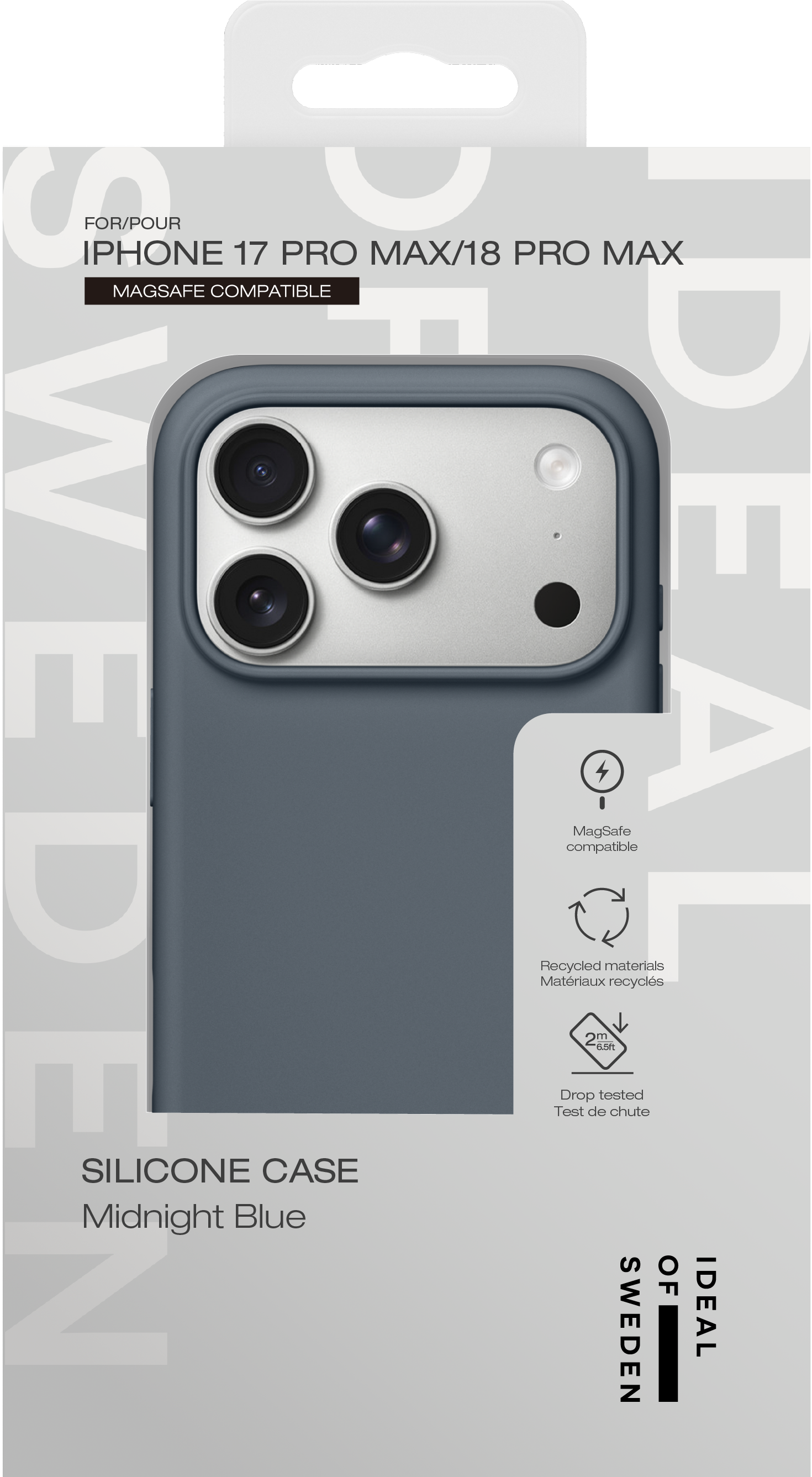 Verpackung für eine nachtblaue Silikon-Handyhülle für das iPhone 17 Pro Max mit MagSafe-Kompatibilität.